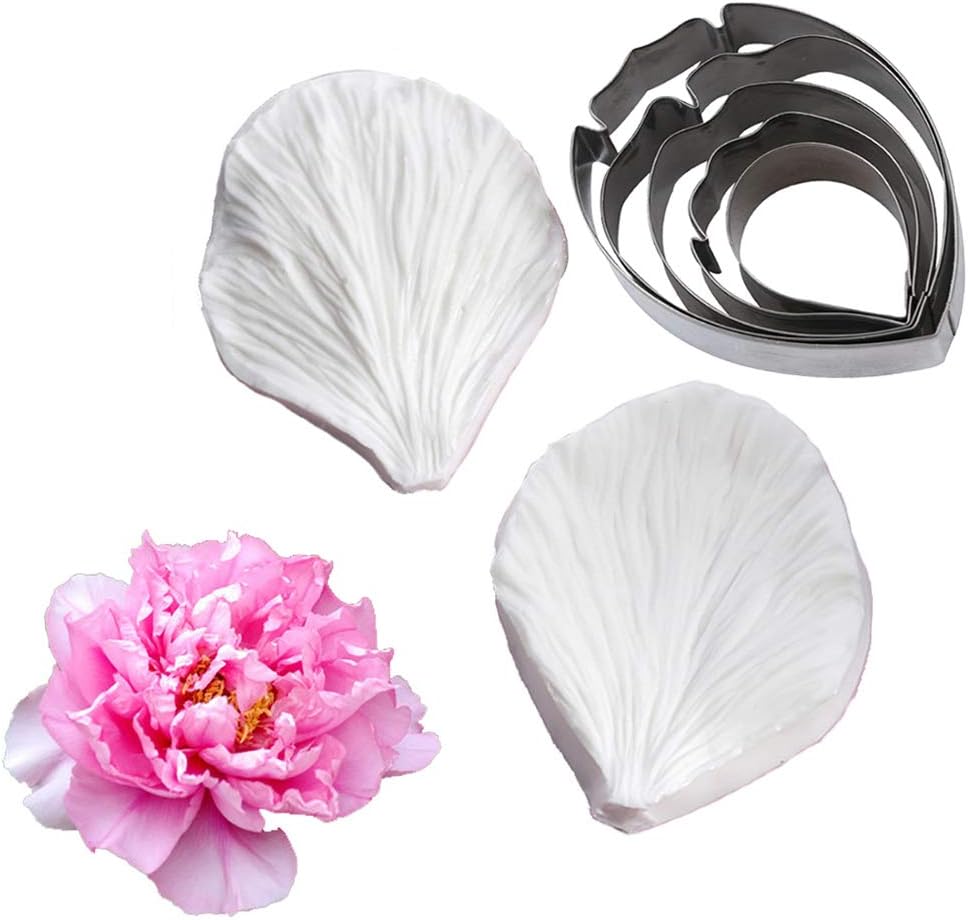 KALAIEN 5pcs Stainless Steel Peony Cutter 2pcs Fondant Silicone Mold Gumpaste Peony Sugarcraft Flower Veining Mold Veiner Petal Making Tool