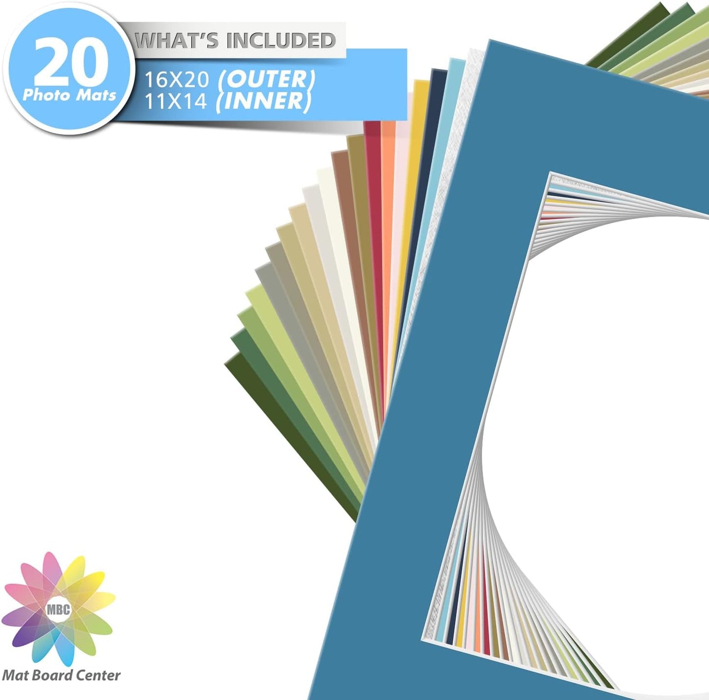 Mat Board Center, Pack of 20, 16x20 Mixed Colors White Core Picture Mats Mattes Matting for 11x14 Photo