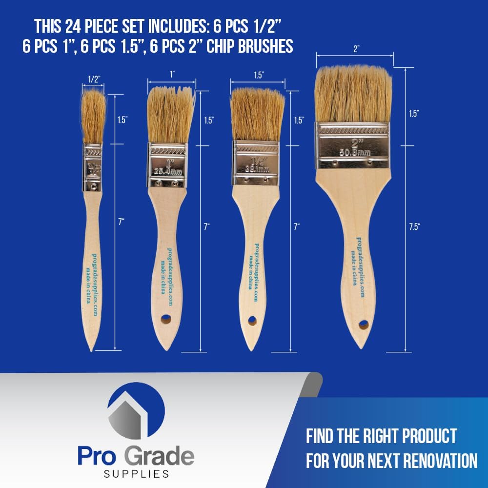 Pro Grade - Chip Brush – Paint Brush Set – 24 Pack - Natural China Bristle Paintbrush Set for Art, Craft, Epoxy, Varnish, Resin, Stain, Glue, Gesso, Primer, Acrylic and Oil Paint