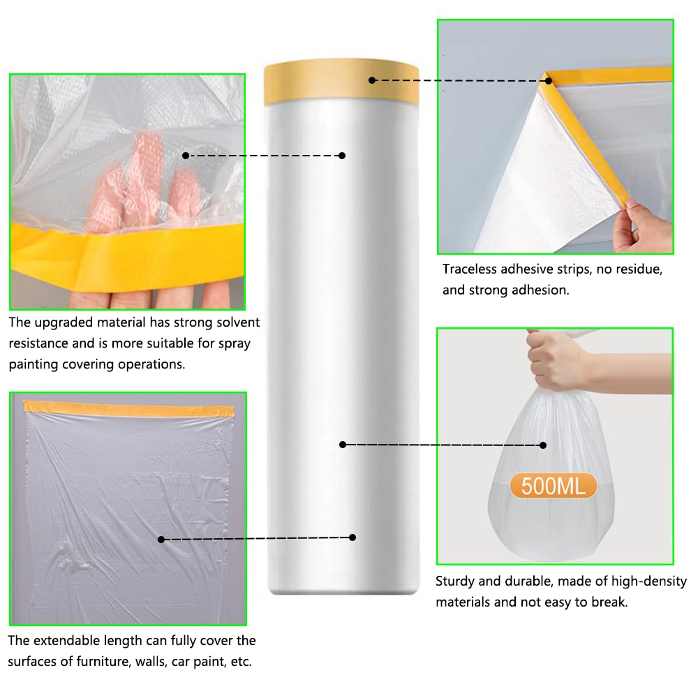 Pre-Taped Masking Film-22inx65ft Tape and Drape Painters Plastic Rolls, Plastic Painting Film for Automotive Painting Covering,Protective Drop Film for Furniture, Car, Floor (2rolls, 22in×65ft)