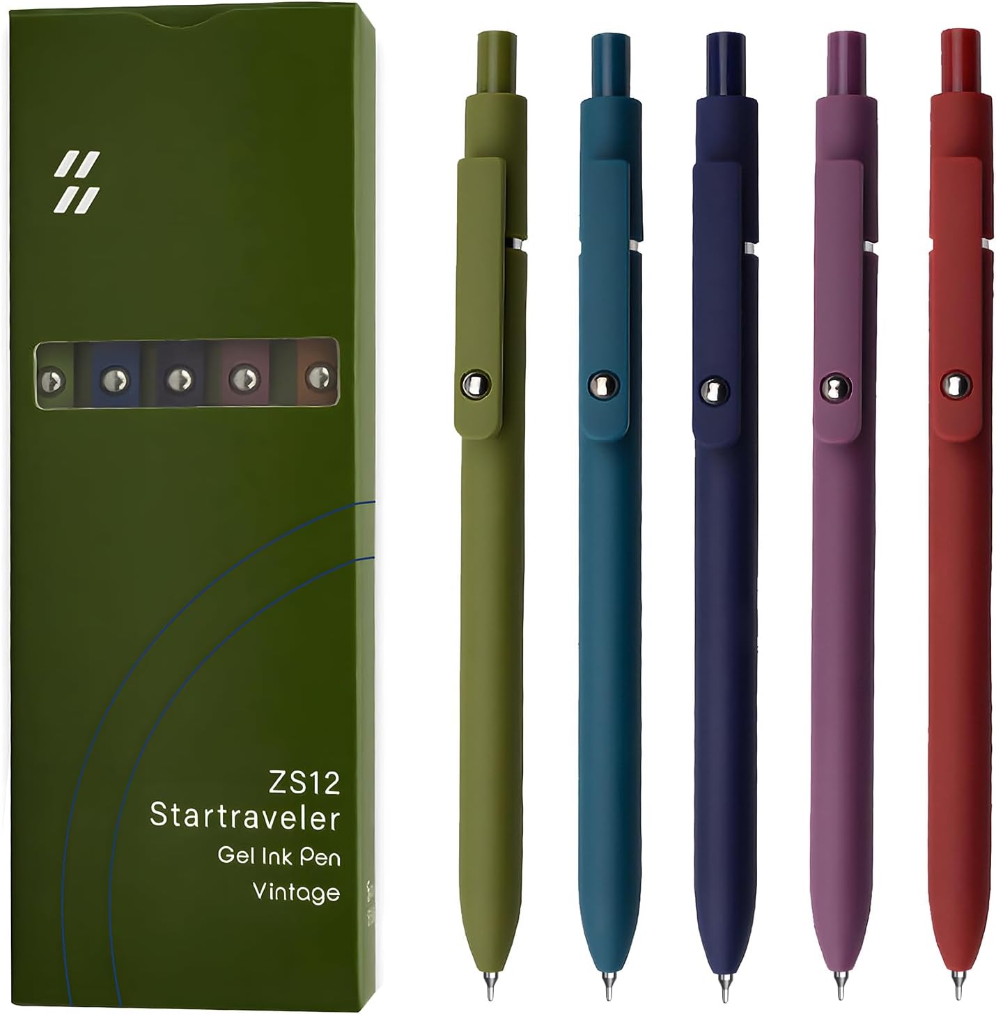 Gel Pens, 5 Pcs 0.5mm Black Ink Pens Fine Point Smooth Writing Pens with Silicone Grip, High-End Series Metal Clip Retractable Pens for Journaling Note Taking (Vintage)