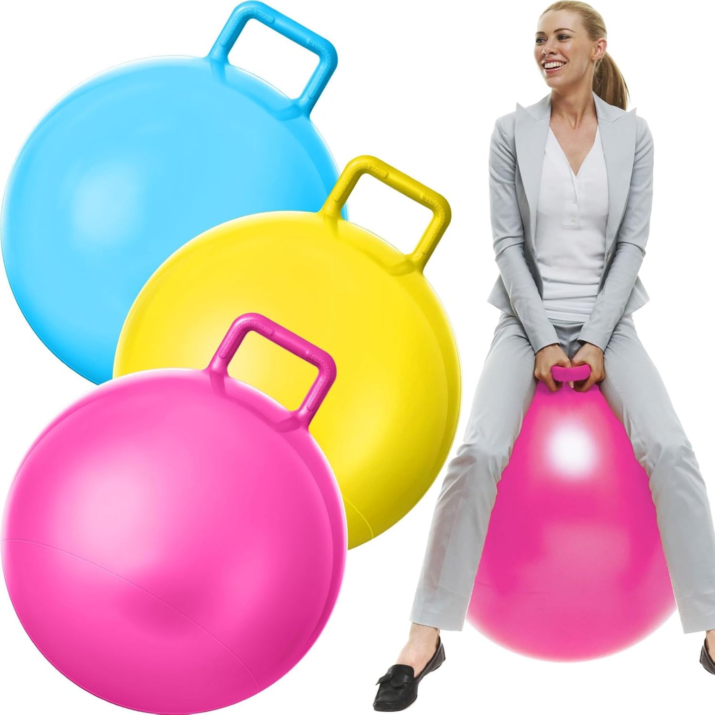 Lewtemi 3 Pcs 29 Inch Bouncing Ball with Handle, Outdoors Hopper Jumping Hopping Ball and Air Pump for Sports Exercise (Light Blue, Yellow, Pink)