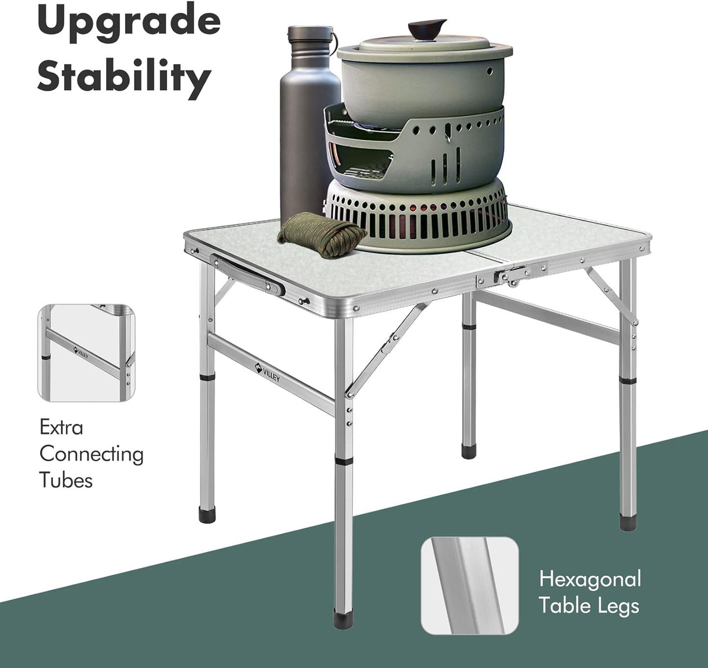 VILLEY Folding Camping Table, 2ft Small Portable Lightweight Outdoor Table with Aluminum Adjustable Legs for Travel Picnic Cooking Beach