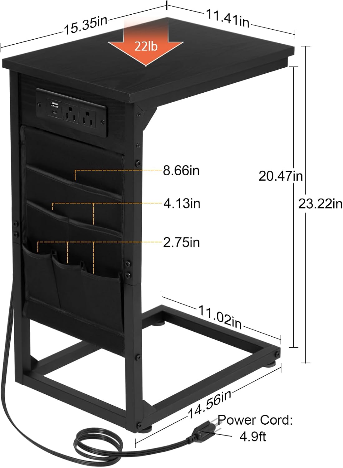 AMHANCIBLE C Shaped End Table with Charging Station, TV Tray Set of 2, Couch Tables with Storage Bag, Slide Under Sofa Side Table with USB Ports and Outlets for Living Room, Black, HET04CBK