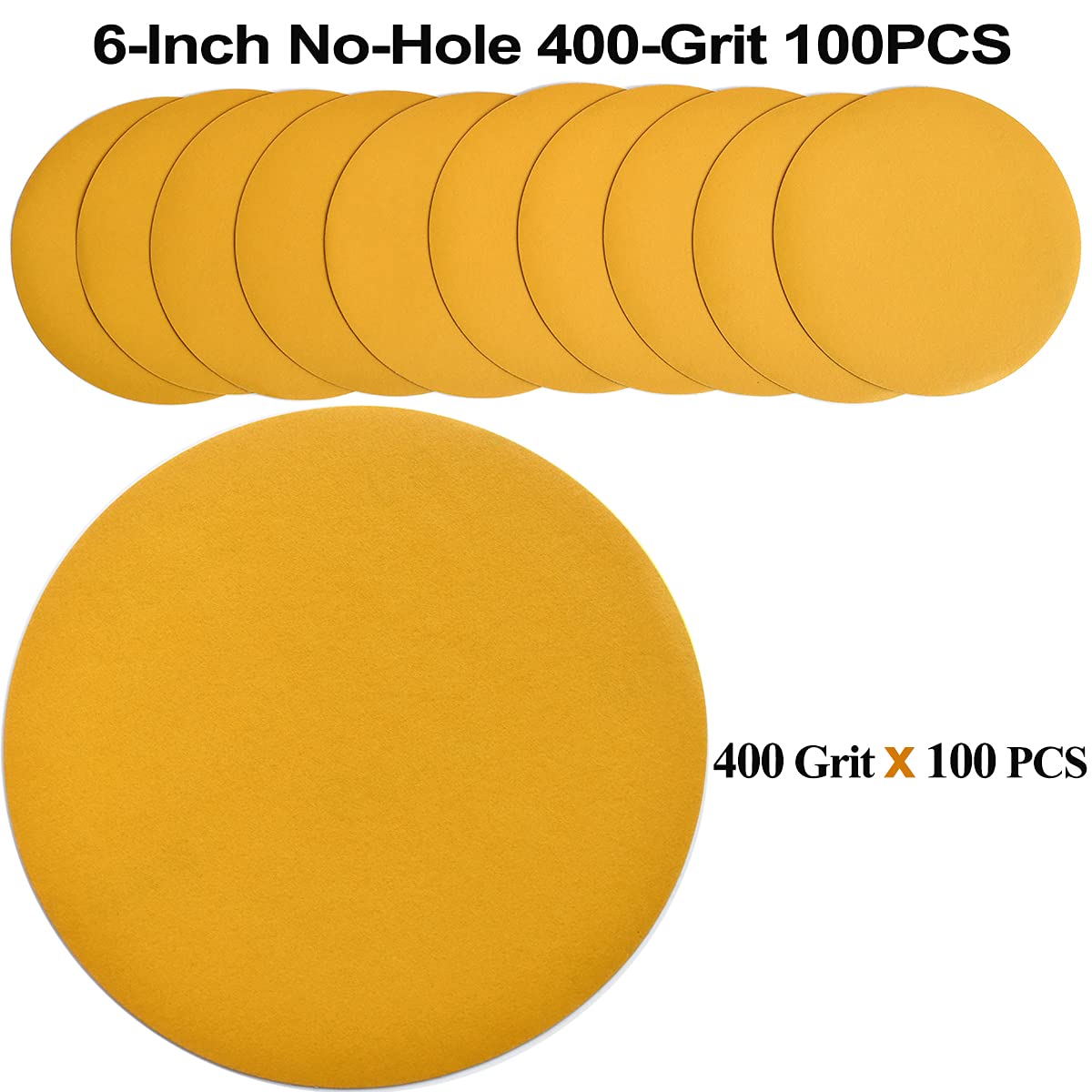 6-Inch No-Hole Hook and Loop Sanding Discs 400-Grit, Random Orbital Sandpaper for Automotive and Woodworking, 100-Pack