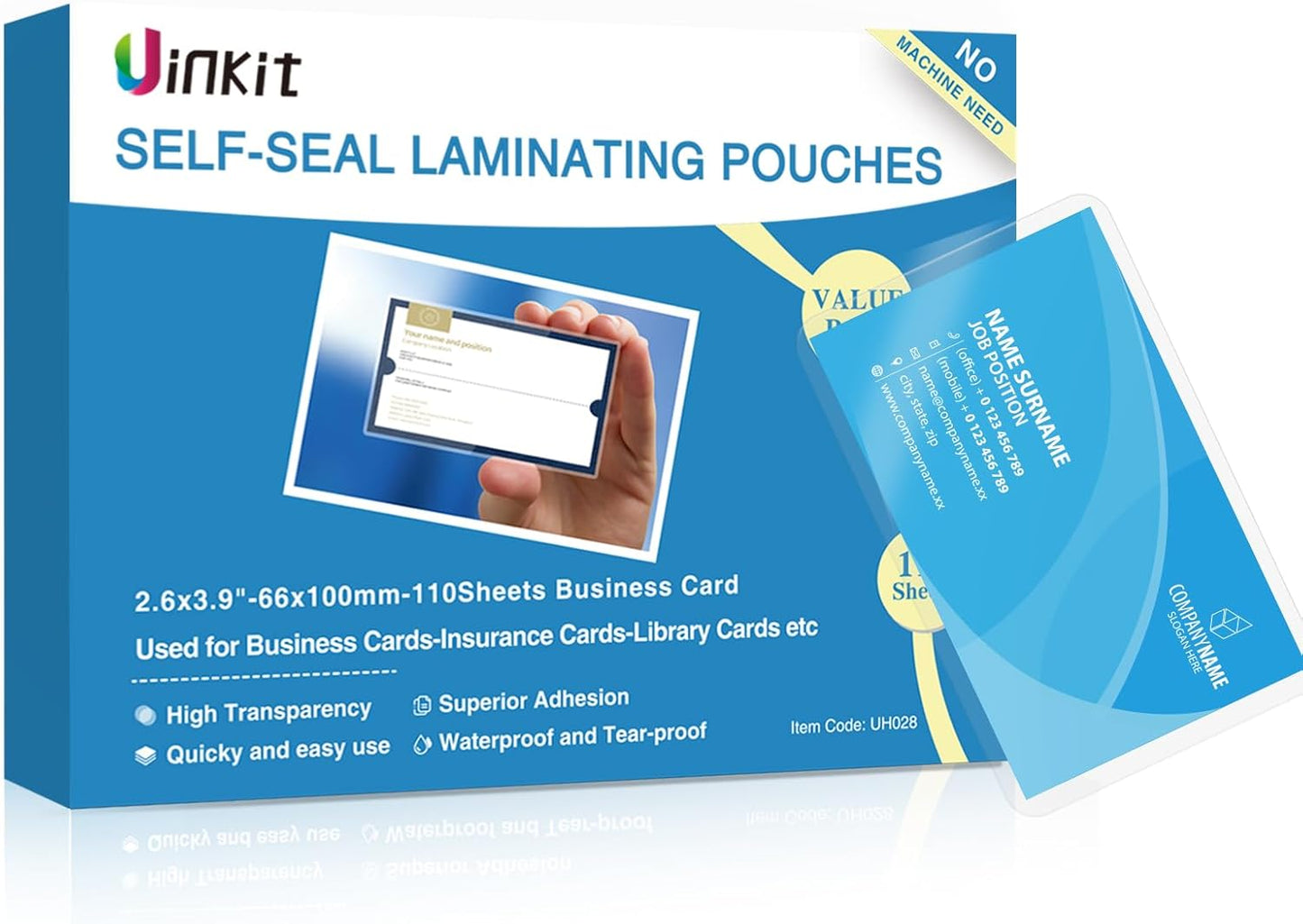 Uinkit 110-Pack Bulk Business Card Laminating Pouches, 10Mil Double-Sided for 2.6x3.9" Cards, Ultimate Volume Solution for Restaurant IDs, School Badges, Event Credentials - No Laminator