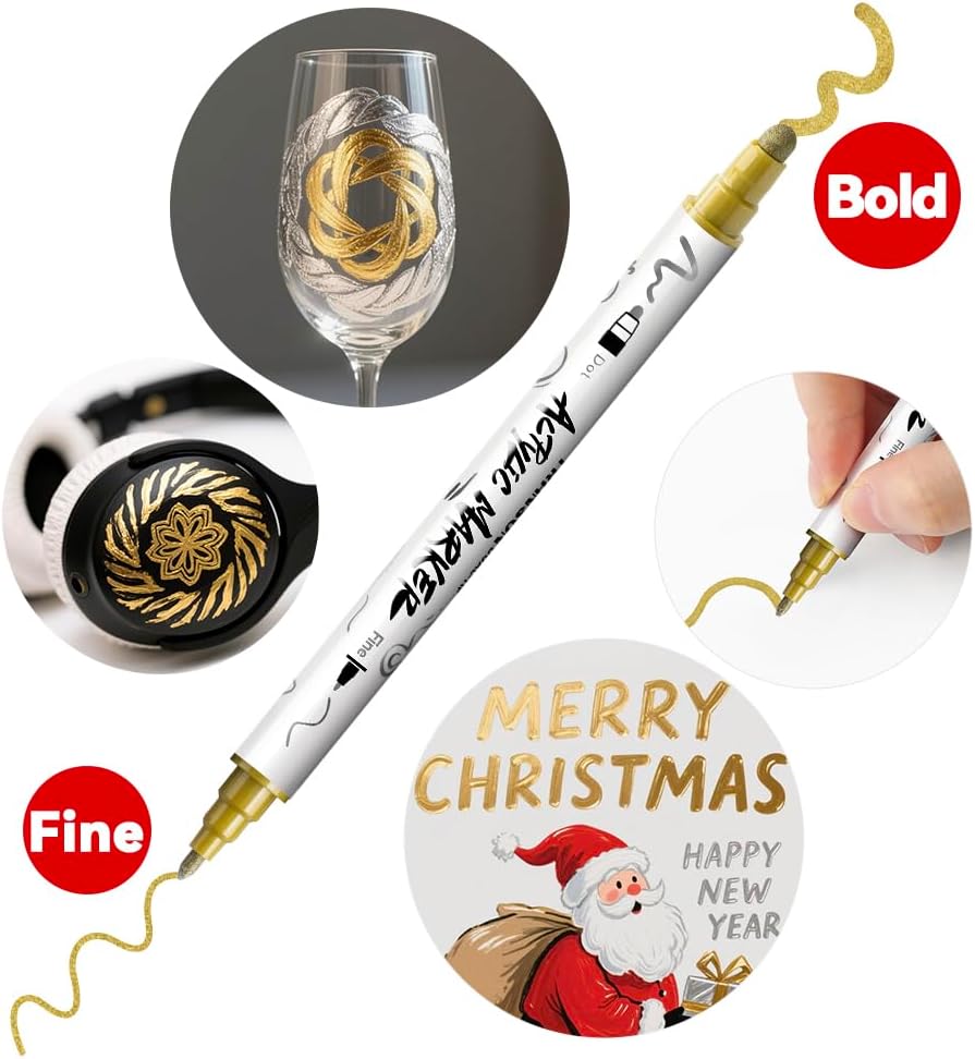 TRANSON 2 Gold, 2 Silver, 2 Black and 2 White Paint Markers Bold and Fine Dual-tip Acrylic Paint Marker Set for Rock Painting Glass Canvas Wood Leather Ceramic Painting