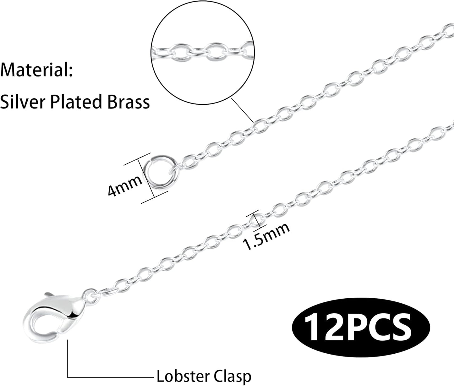 Wholesale 12 PCS Silver Plated Solid Brass Flat Cable Chains Bulk for Jewelry Making (18 Inch(1.5MM))