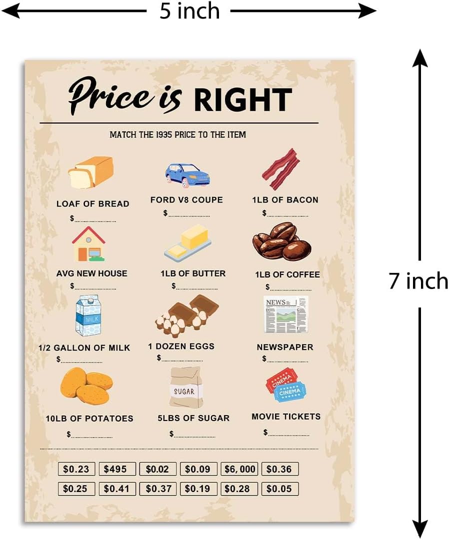 QUPT 90th Birthday Party Games, Price is Right Games, Birthday Party Supplies for Adults, Fun 1935s Party Game，Pack of 30 Cards