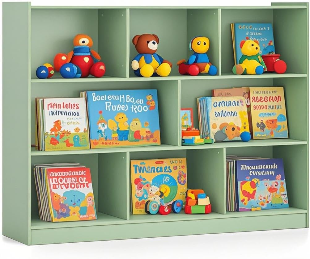 Toy Storage Organizer, 2-Tier Kids Bookshelf, 5 Cube Kids' Bookcases, Cabinets & Shelves, Wooden Toy Organizers, Small Book Shelf for Bedroom, Playroom, Classroom, Nursery (Green, 3-Tier)