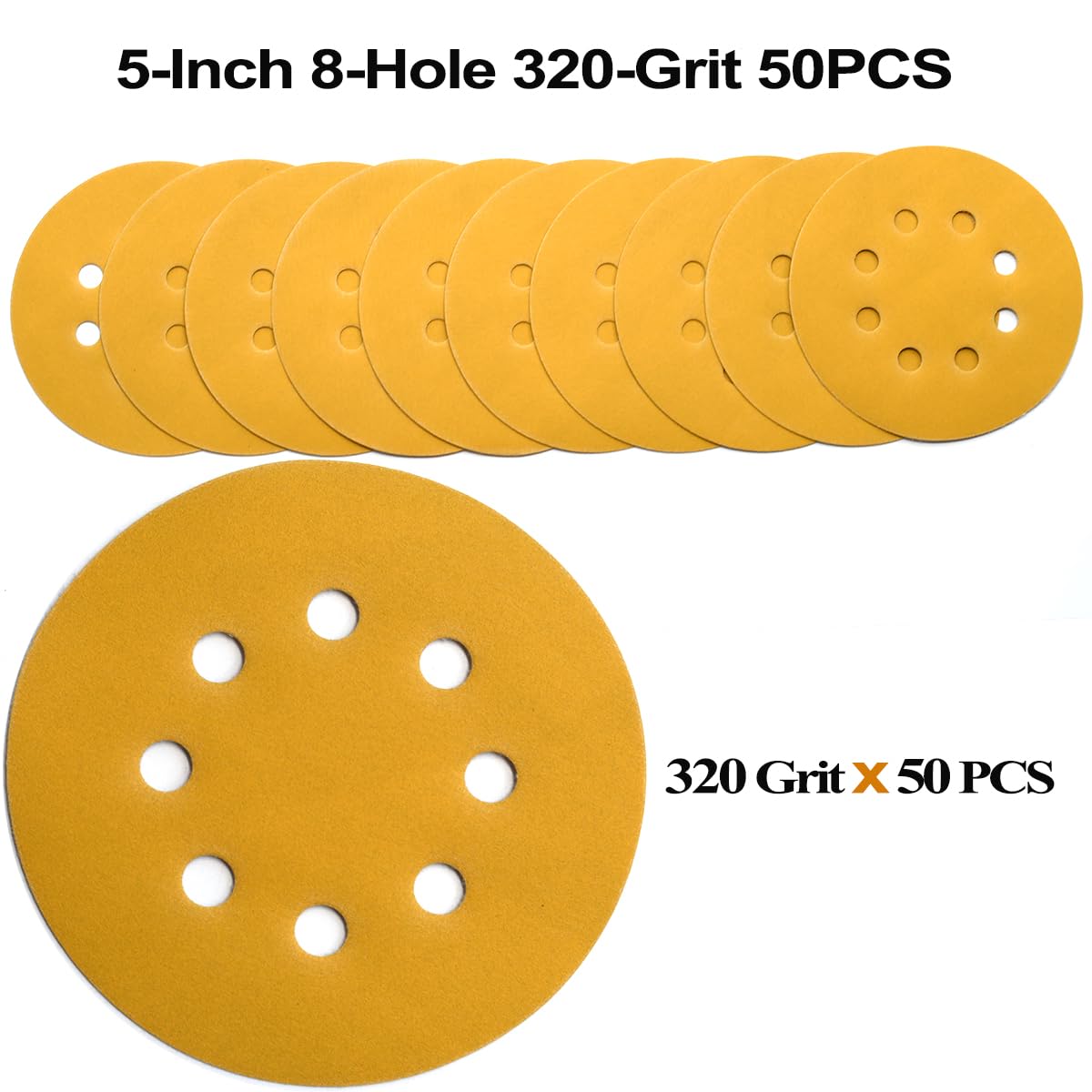 5-Inch 8-Hole Hook and Loop Sanding Discs 320-Grit Random Orbit Sandpaper, 50-Pack