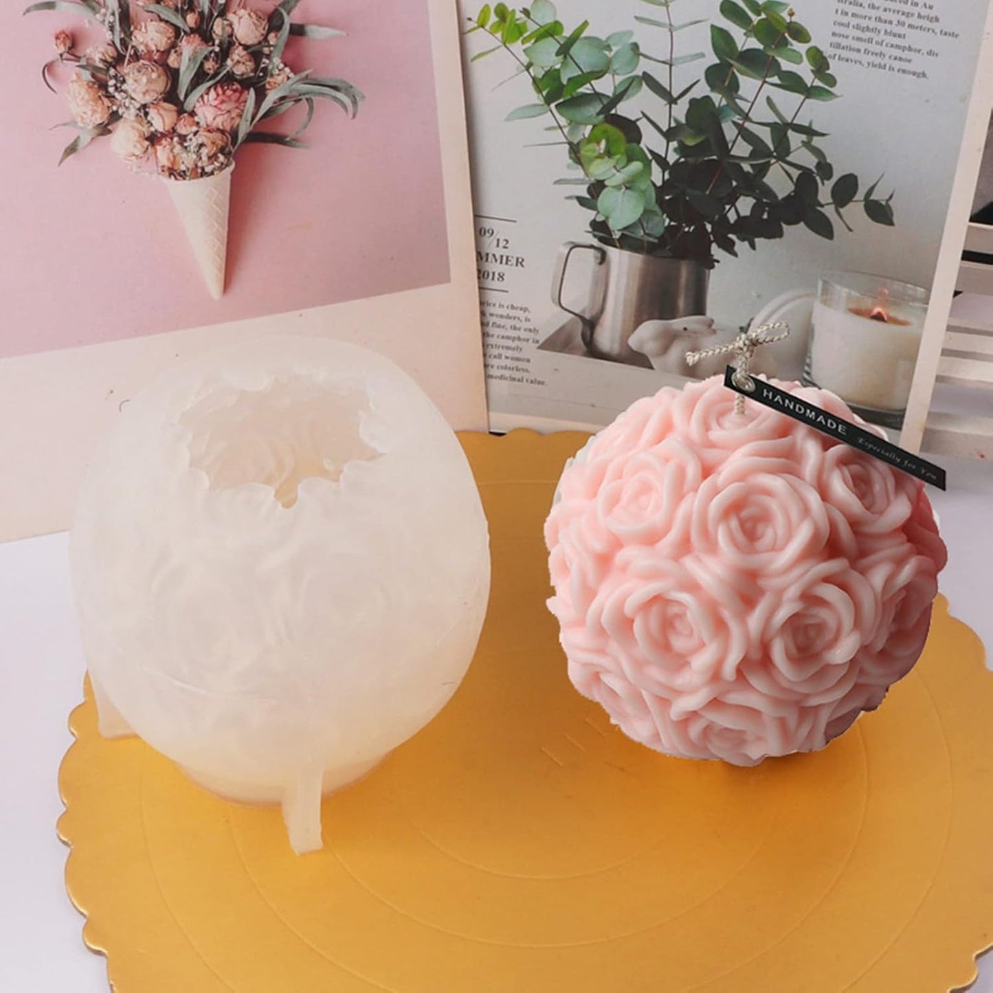 Large Rose Ball Candle Mold 3D Rose Flower Silicone Soap Mold for Fondant,Chocolate,Candy, Bath Bomb,Epoxy Resin,Plaster, Polymer Clay