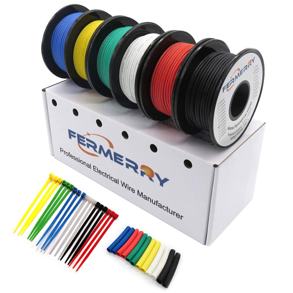Fermerry 20 AWG Stranded Wire Spool 5ft Each 6 Colors Flexible 20 Gauge Silicone Hook up Wire Kit Electrical Tinned Copper Wire