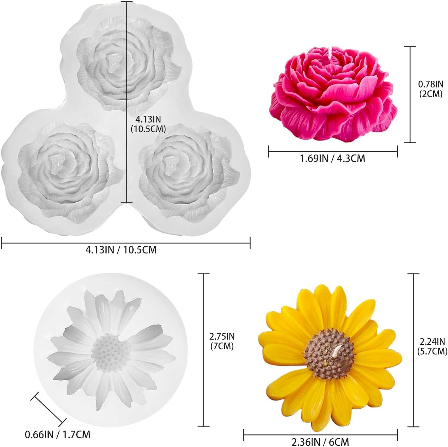 JDH 2PCS Peony Candle Mold Daisy Flower Silicone Molds,3D Flower Fondant Mold for DIY Epoxy Resin Casting Handmade Soap Ice Epoxy Resin Concrete Valentine's Day Mother's Day