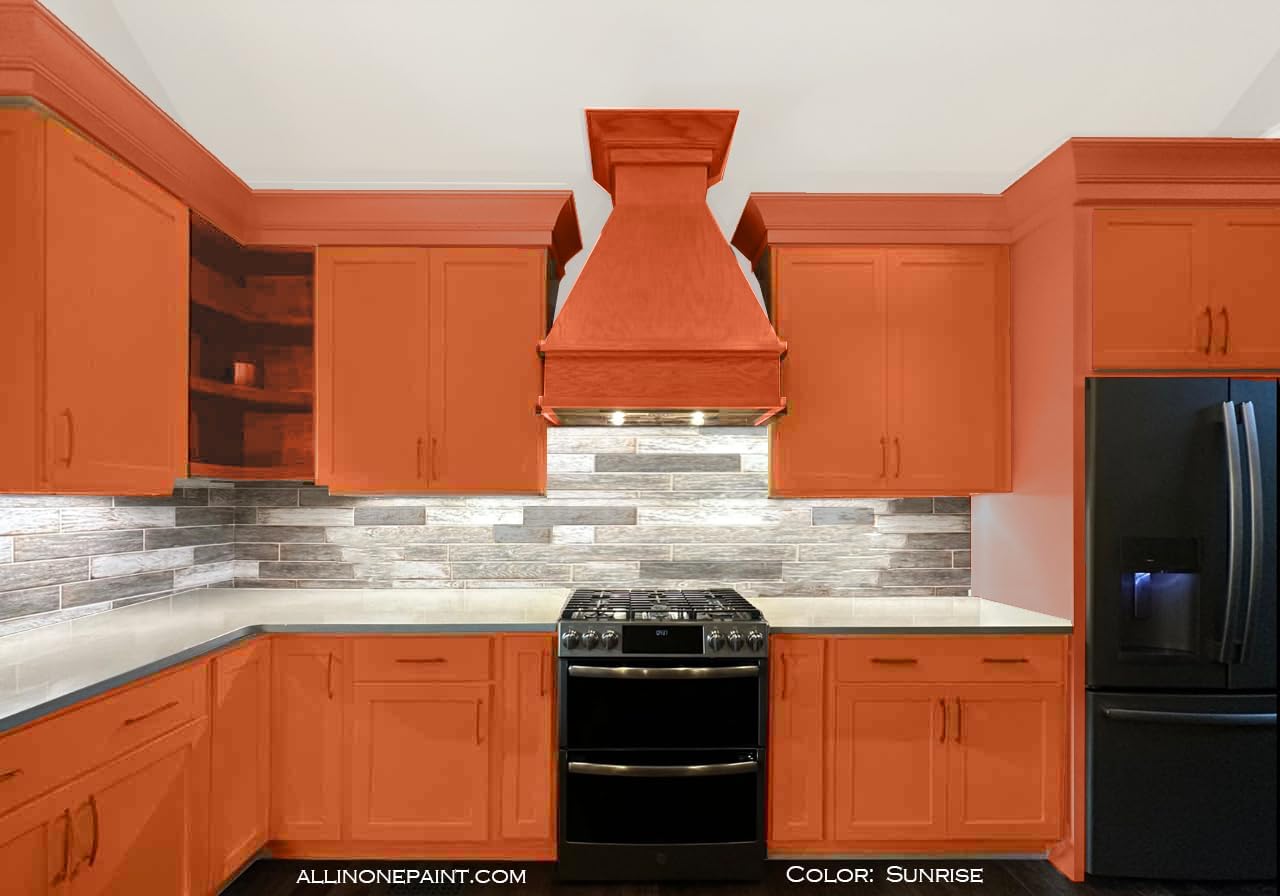 ALL-IN-ONE Paint, Durable cabinet and furniture paint. Built in primer and top coat, no sanding needed. Includes our 30 featured color card - Sunrise (orange-coral), 8oz Sample