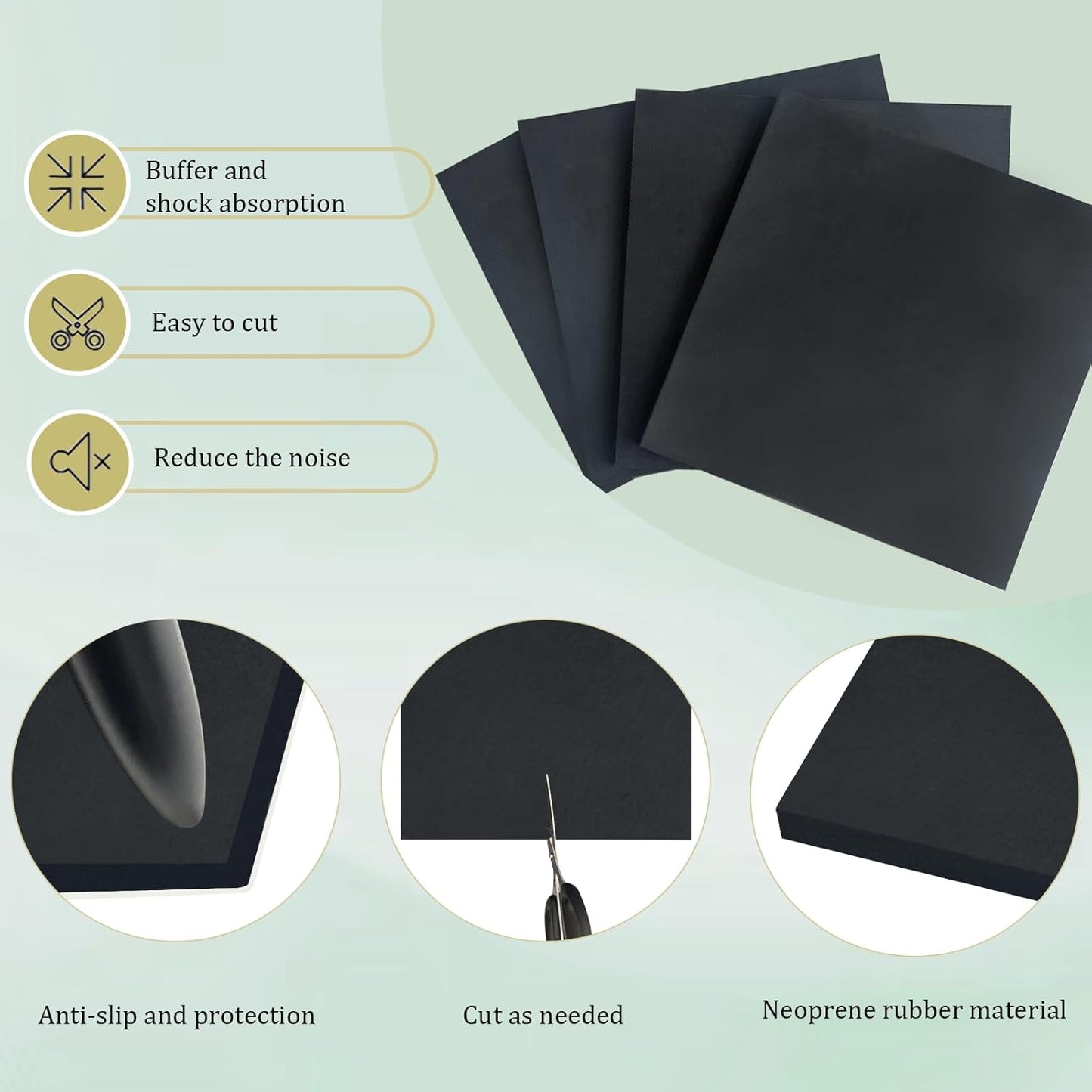 4 Pieces Neoprene Rubber Pads with Adhesive Backing 1/8 in Thick x 6 in x 6 in, Anti Vibration Pads, Rubber Block for Anti-Slip, Shock Absorption, Protection