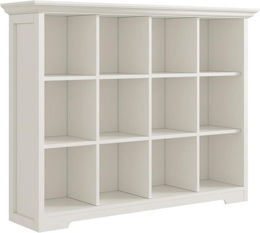 Wooden Cube Bookcase with Base - Modern 3 Tiers Floor Standing Open Shelf Cabinet for Home and Office, 12-Cube Lattice Bookshelf, Warm White