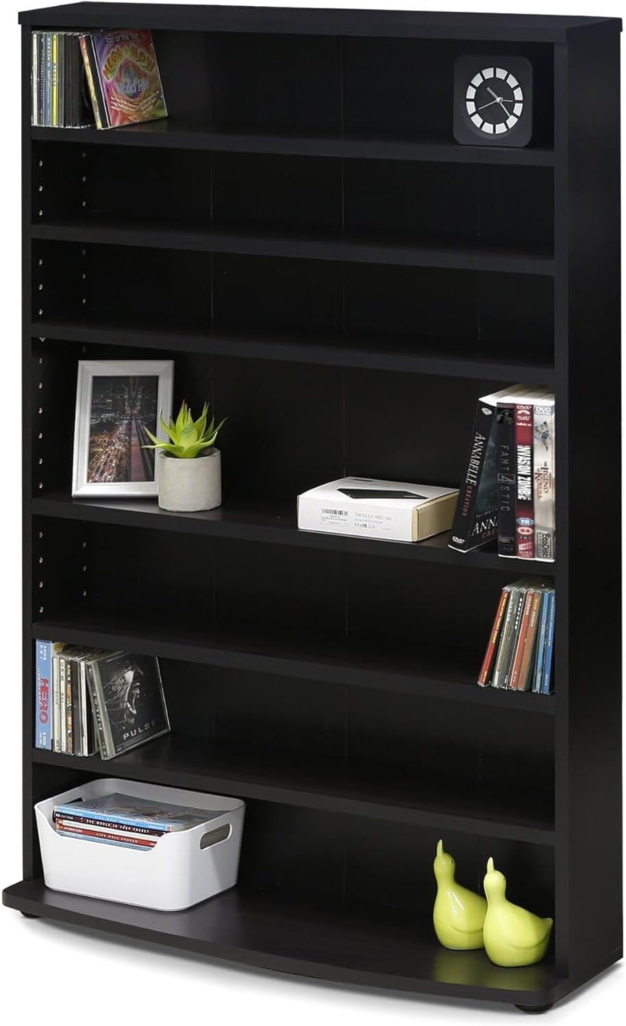 Adjustable Shelves Multimedia Storage Tower Rack with Spacious Media Organization, Durable Design, Versatile Rack for DVDs, CDs, Games, and More Espresso/6 Tier