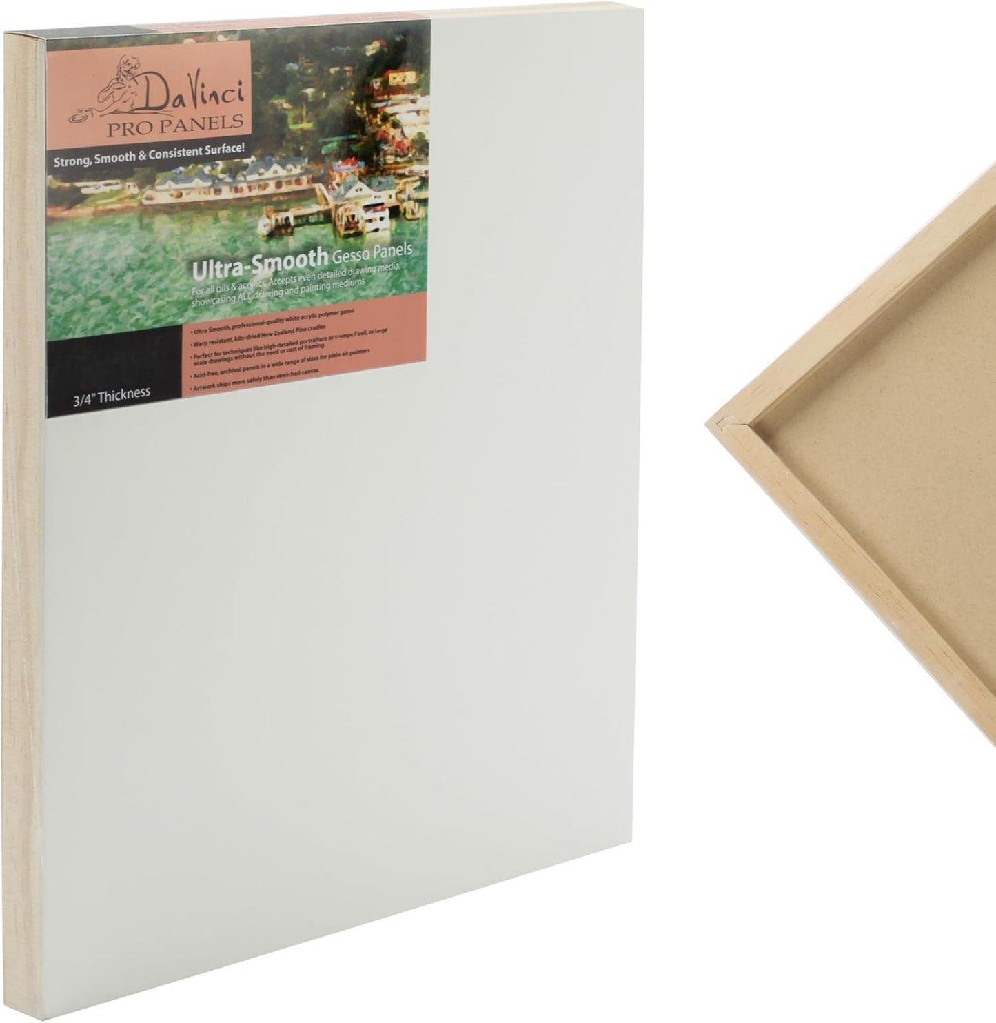 Da Vinci Pro Ultra Smooth Wood Canvas Gesso Board - 3/4" Deep, 6x6 Single White Acrylic Polymer Gesso Panels for Painting Fine Portraits and Ultra Fine Detail Illustrations and Artwork