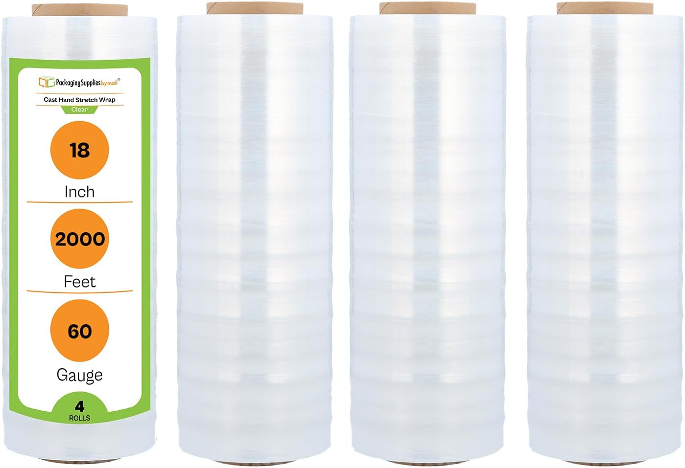PSBM Stretch Wrap, 4 Pack, 18 Inch x 2000 Feet, 60 Gauge, Clear Plastic Cling, Cast Hand Stretch Film Rolls for Packaging Moving Packing Pallets