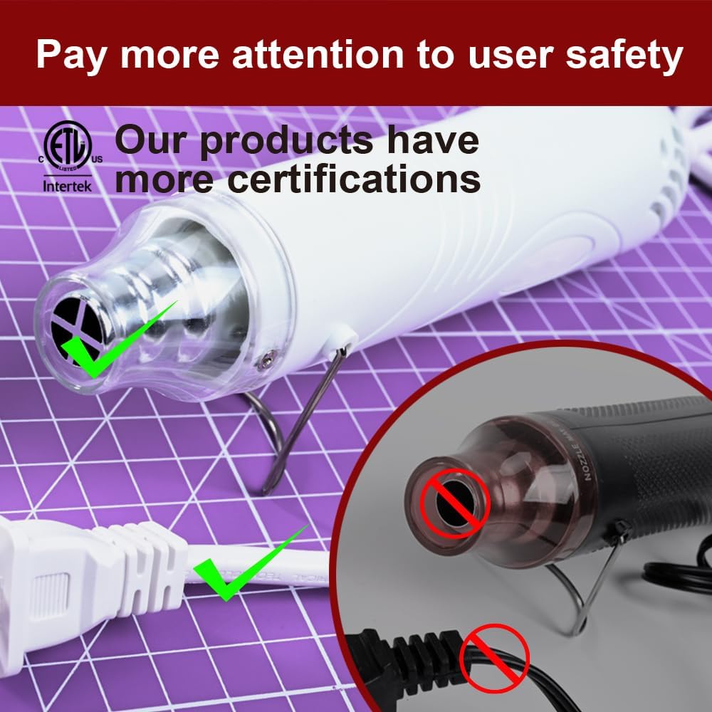 Mini Heat Gun, 300W Fast Heat Hot Air Gun with 6Ft Extra Thickened Cord and Overload Protection for DIY Craft Embossing, Vinyl Wrap, Shrink Tubing/Wrapping, Epoxy Resin, White