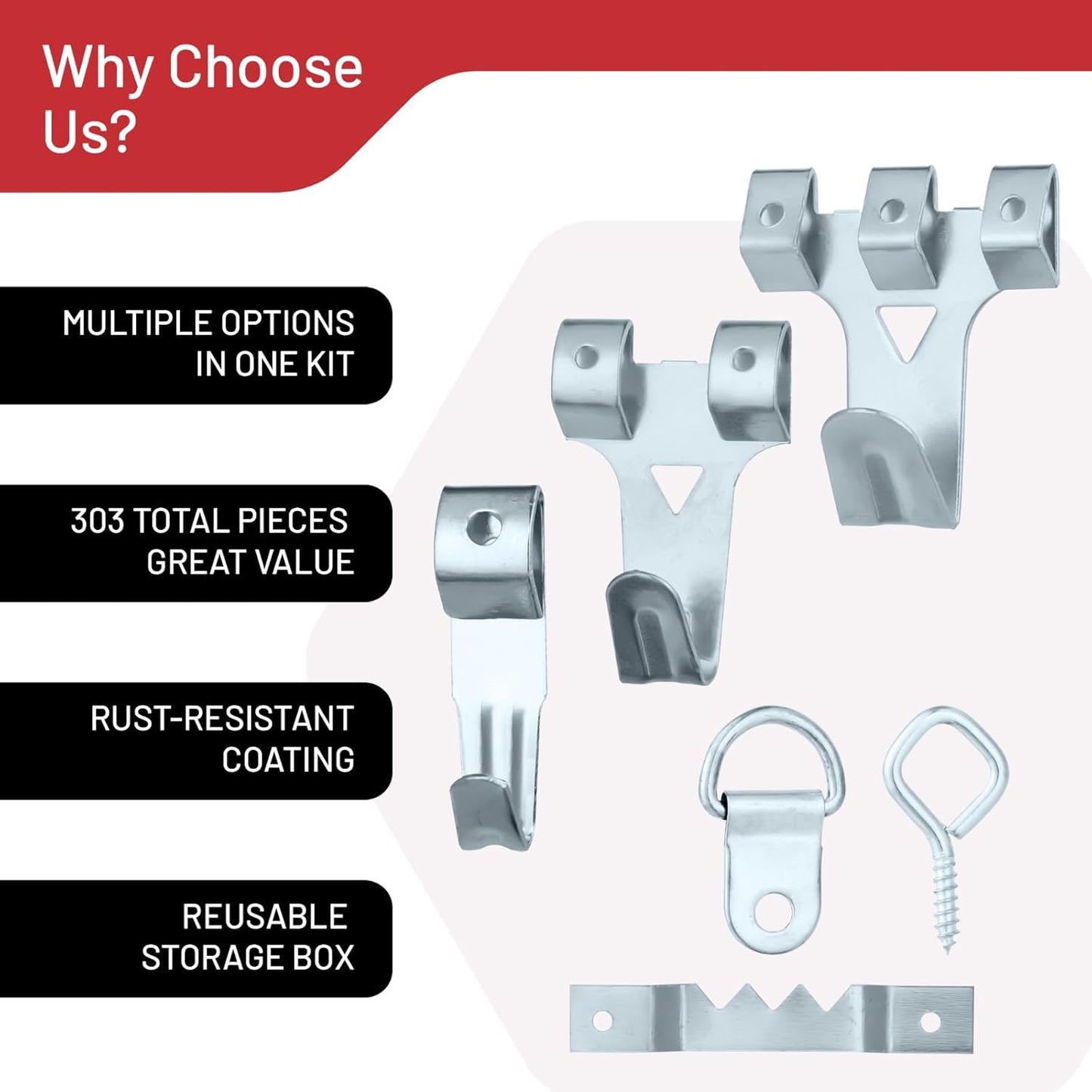 303-Piece Picture Hanging Assortment, Heavy Duty Hooks, Nails, Sawtooth, D-Rings, Wire, Level, and Metal Wall Hooks for Picture Framing and Canvas Mounting (Silver)
