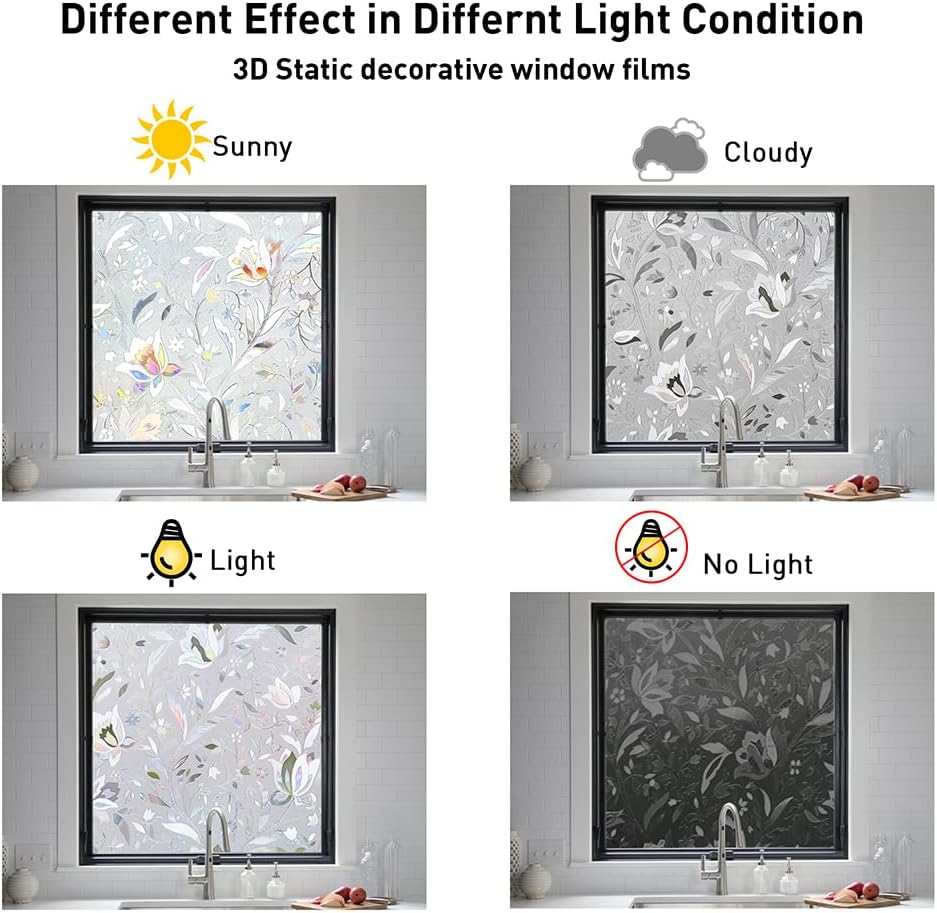 NINETREX Window Privacy Film,3D Stained Glass Window Film,Decorative Window Covering Sun Blocking Vinyl Static Cling Anti-UV Heat Control for Home Decor,Tulip 29.5 x 78.7inch