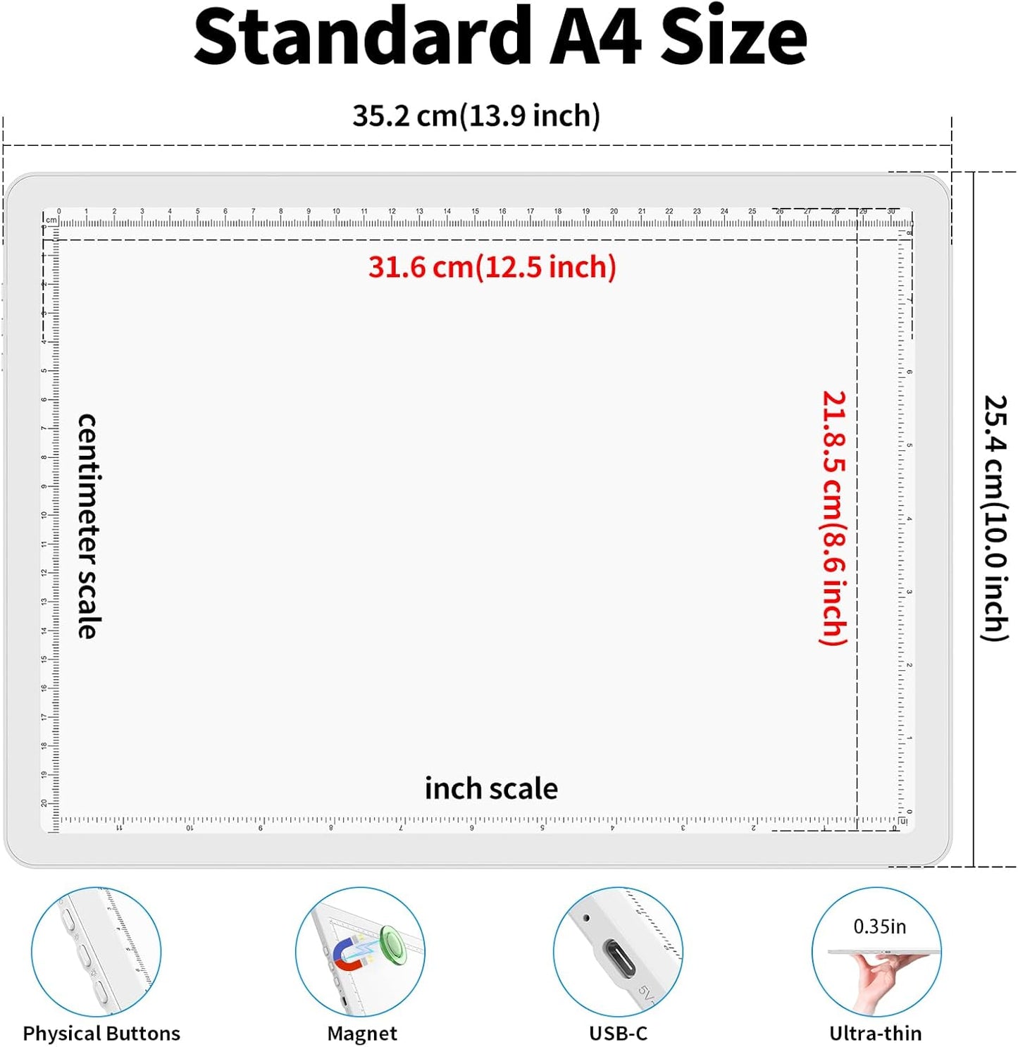 Phylosal Rechargeable A4 Light Pad with Carry Bag, Ultra-Thin Magnetic Tracing Light Box for Drawing, Diamond Art Painting Light Board with Side Button, Super Bright Light Table for Sketching (White)