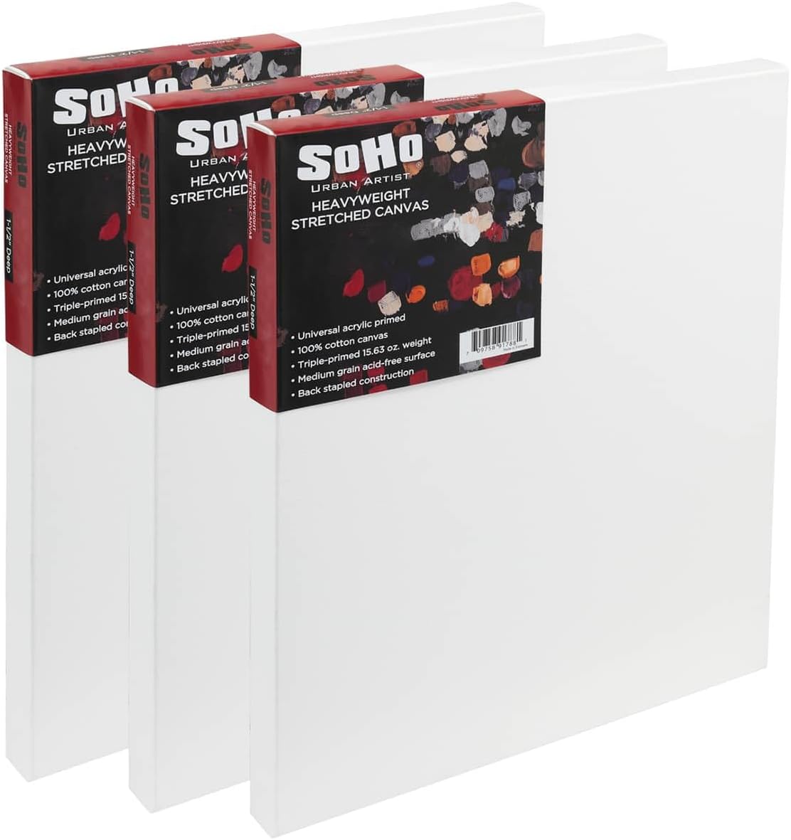 SoHo Urban Artist, 6x8 Heavyweight Stretched Cotton Canvas for Painting - 1.5" Deep- 3 Pack, Triple Primed, 100% Cotton Canvas, Archival, Universal Primed for Oil, Acrylic, Alkyd, Mixed Media
