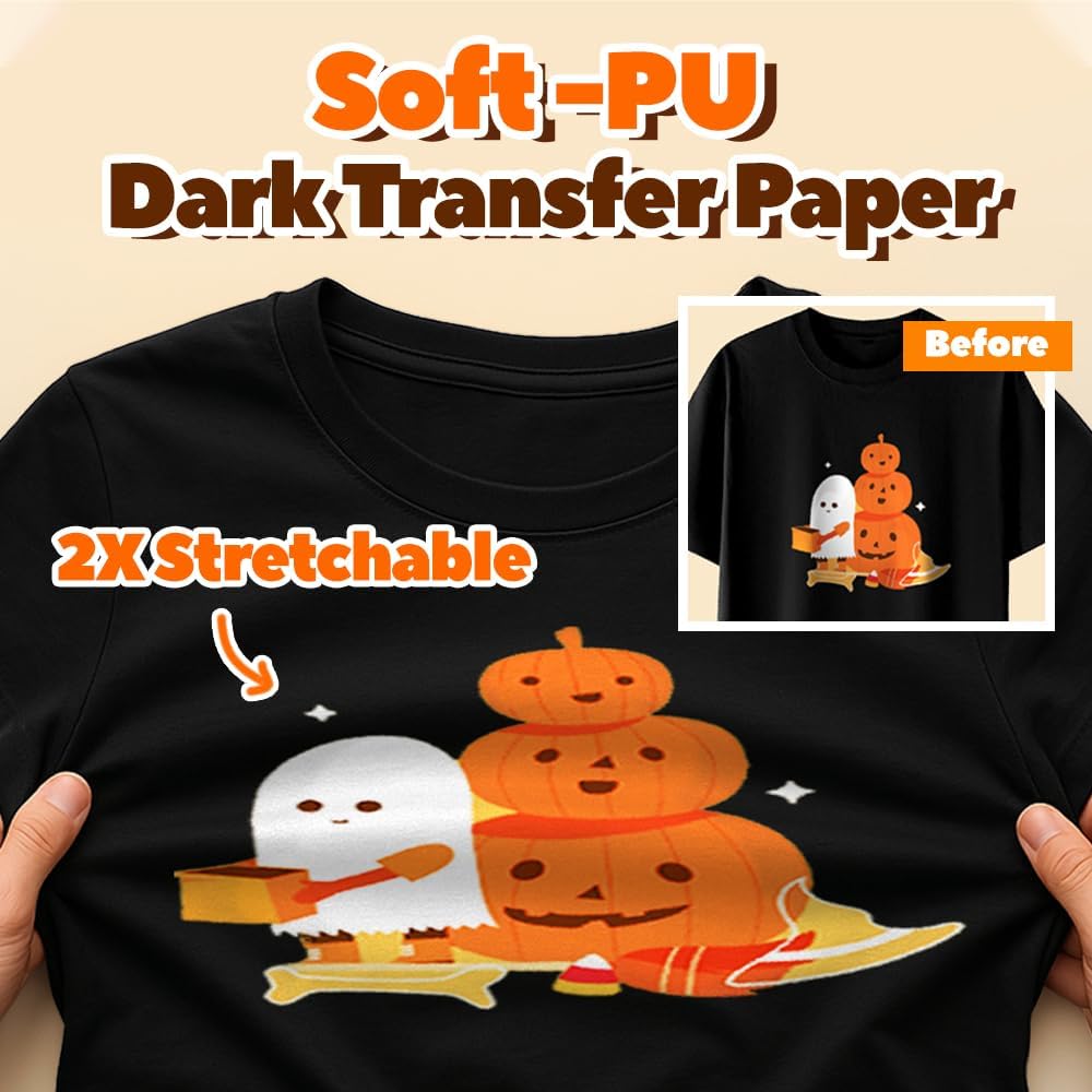TranSmile PU-Heat Transfer Paper for Inkjet Printer (10 Sheets, 8.5x11", Dark) Iron on Transfers for Dark Fabric, Printable Heat Transfer Vinyl for T Shirts, Vibrant & Washable