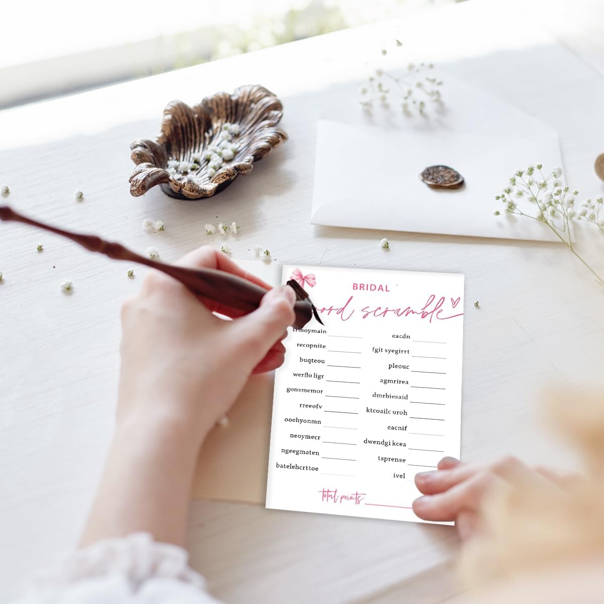 Bridal Shower Games Cards, Bridal Word Scramble, 25 Cards with 1 Answer Card, Engagement Party Games for Guests, Pink Ribbon Bow Wedding Party Supplies - E14