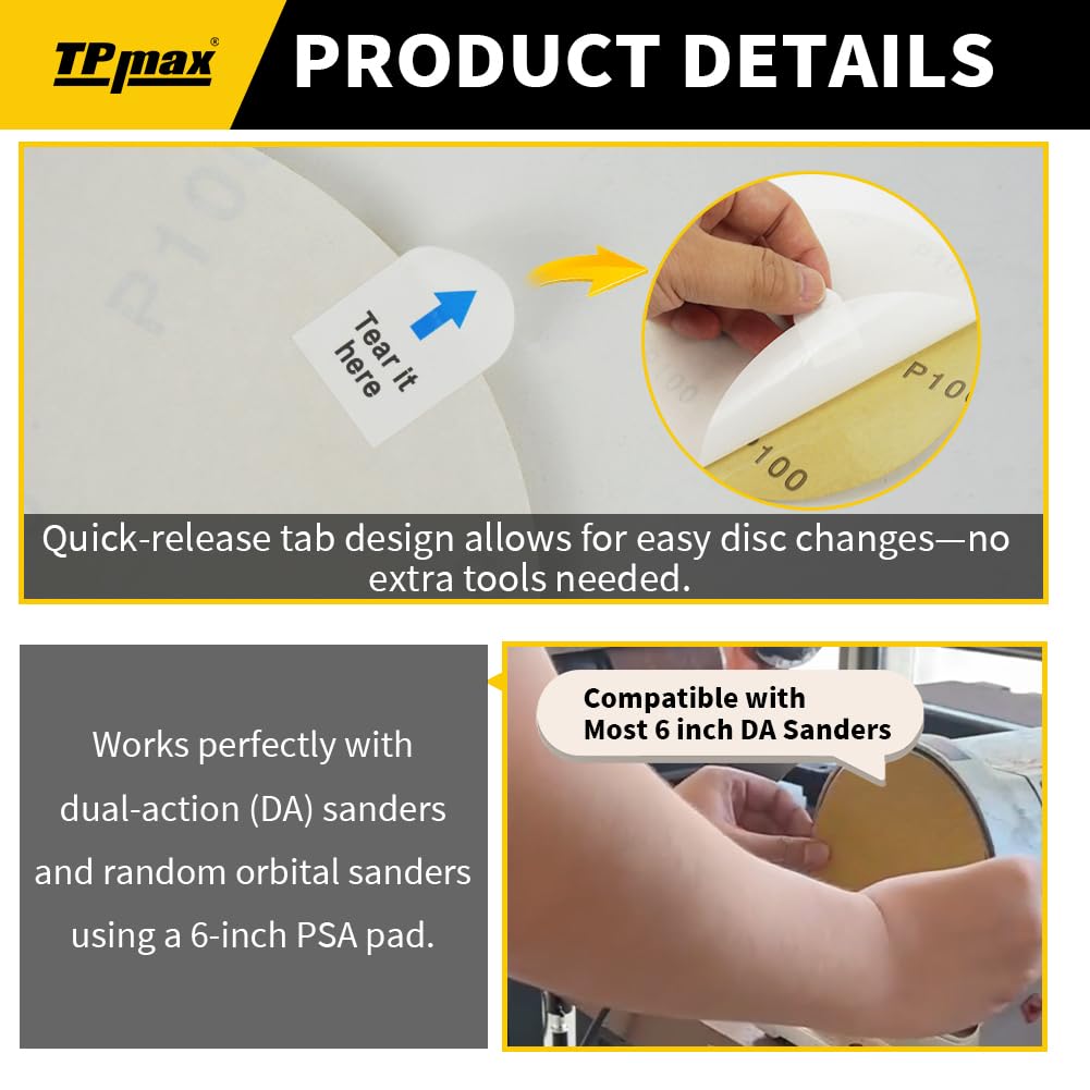 6-Inch 100-Grit Gold PSA Sanding Discs, 50 Pack – Pro-Grade Self-Adhesive Stickyback Sandpaper with Quick-Release Tabs for DA Sander, Medium-Coarse Automotive/Wood/Metal Sanding