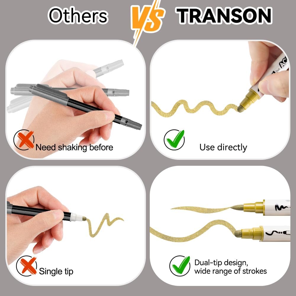 TRANSON 2 Gold, 2 Silver, 2 Black and 2 White Paint Markers Brush and Bold Dual-tip Acrylic Paint Marker Set for Rock Painting Glass Canvas Wood Leather Ceramic Painting
