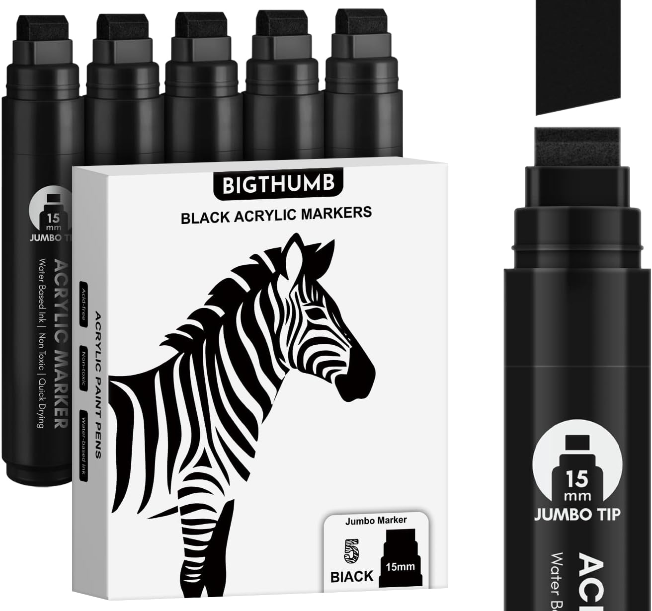 Black Poster Markers Jumbo: 5 Pcs 15mm Wide Tip Thick Acrylic Paint Pen Large Permanent Calligraphy Markers for Rock Painting, Stone, Poster, Canvas, Glass, Wood, Ceramic