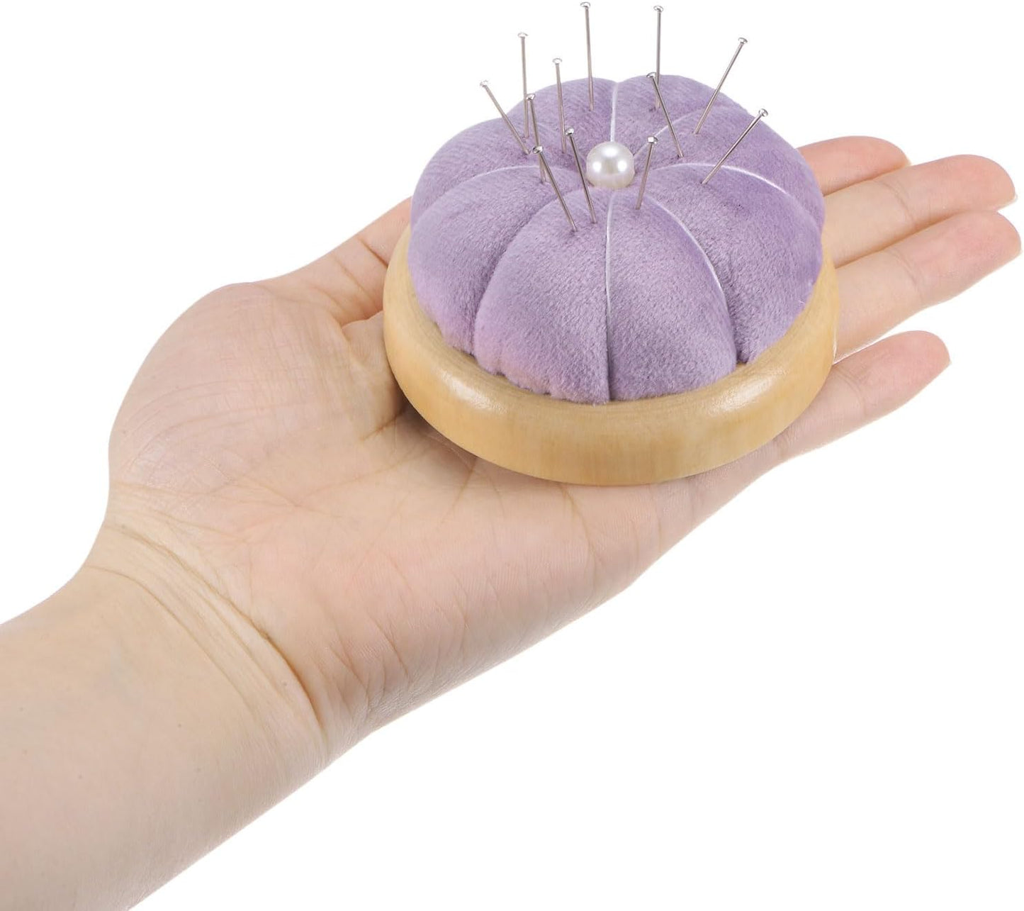 HARFINGTON Wooden Base Pin Cushion Japanese Style Cute Needle Holder Pincushions Round for Sewing Quilting Needlework DIY Crafts, Pink