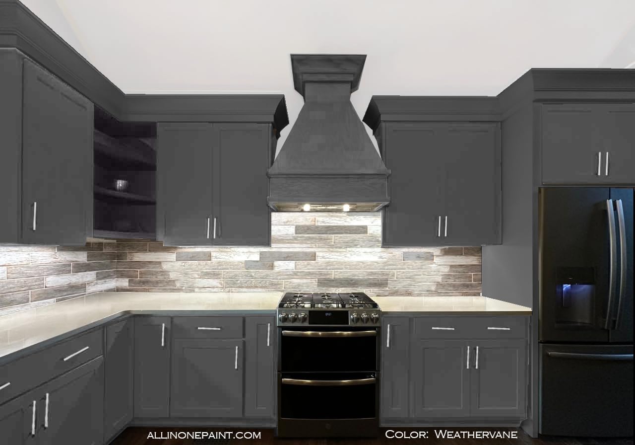 ALL-IN-ONE Paint, Durable cabinet and furniture paint. Built in primer and top coat, no sanding needed. Includes our 30 featured color card - Weathervane (charcoal), Quart