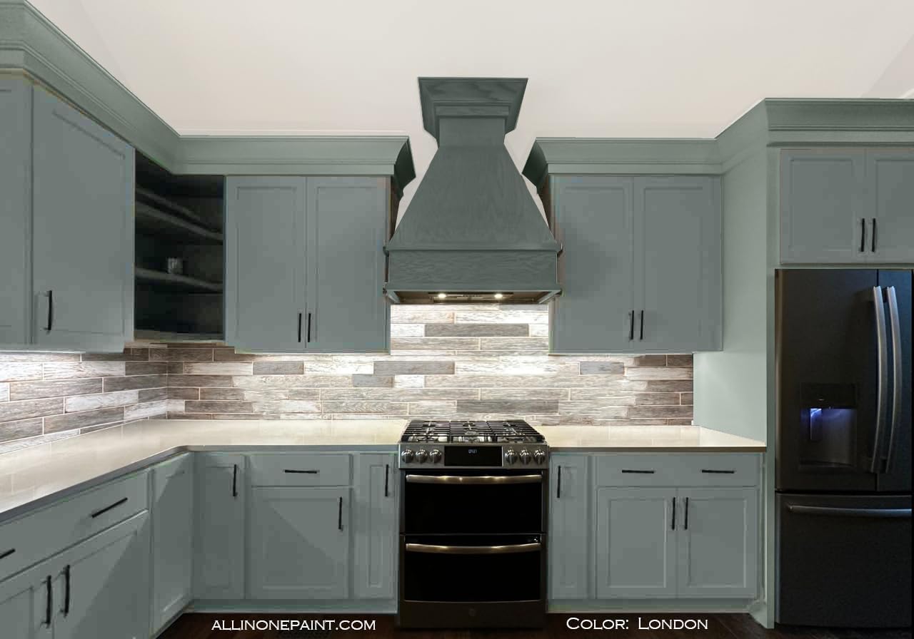 ALL-IN-ONE Paint, Durable cabinet and furniture paint. Built in primer and top coat, no sanding needed. Includes our 30 featured color card - London (green gray), Gallon