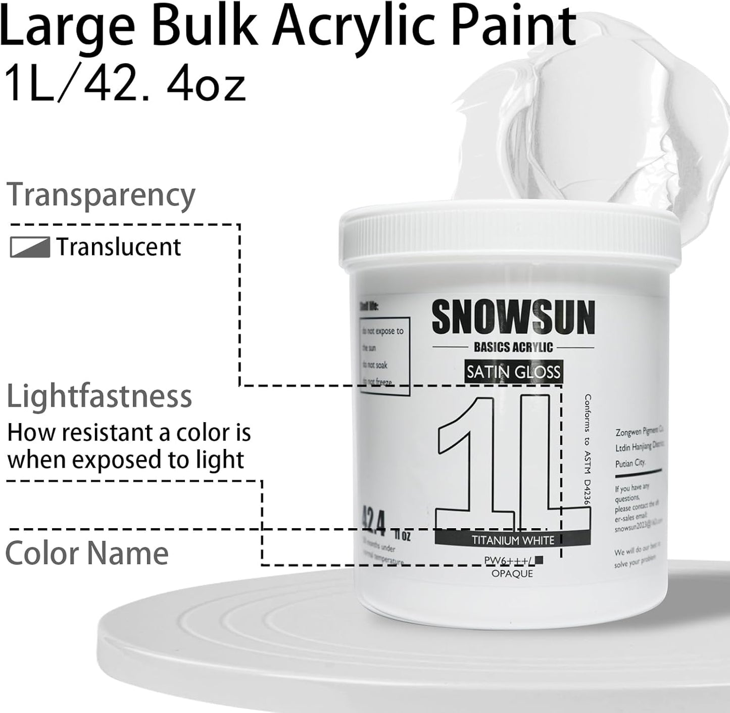 SNOWSUN Titanium White Acrylic Paint, 2 Pack 1 L /42.4 oz Large Bulk Acrylic Paints, Gloss Non-Toxic Heavy Body Paints - Thick Art Paints for Multi-Surface Canvas Wood Ceramic Fabric Wall- Ideal for Artists & Beginners