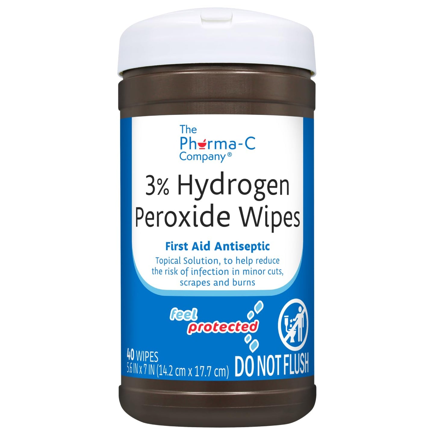 The Pharma-C Company - 3% Hydrogen Peroxide Wipes [6 pack - 40ct canisters] - First Aid. H202 Skin Safe Antiseptic Wound Cleaner.