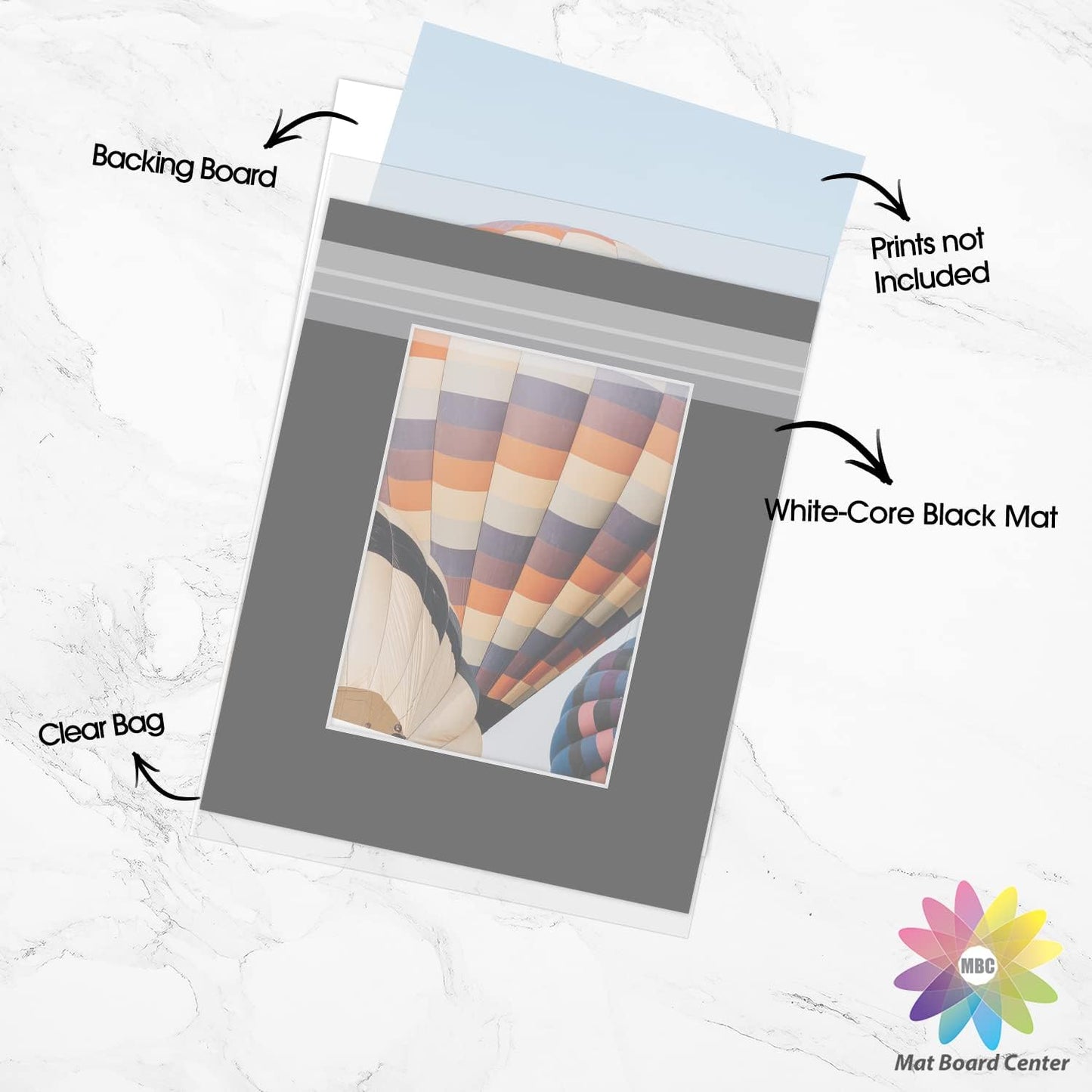Mat Board Center, Pack of 25, 8x10 for 5x7 Black Picture Mat Sets - Acid Free, 4-ply Thickness, Bevel Pre-Cut White Core - Includes Backing Boards and Clear Bags - for Pictures, Photos, Framing