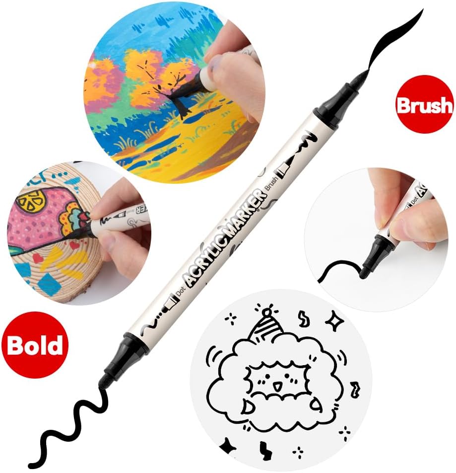 TRANSON 6 Black and 2 White Paint Markers Bold and Brush Dual-tip Acrylic Paint Marker for Rock Glass Canvas Wood Leather Ceramic DIY Painting
