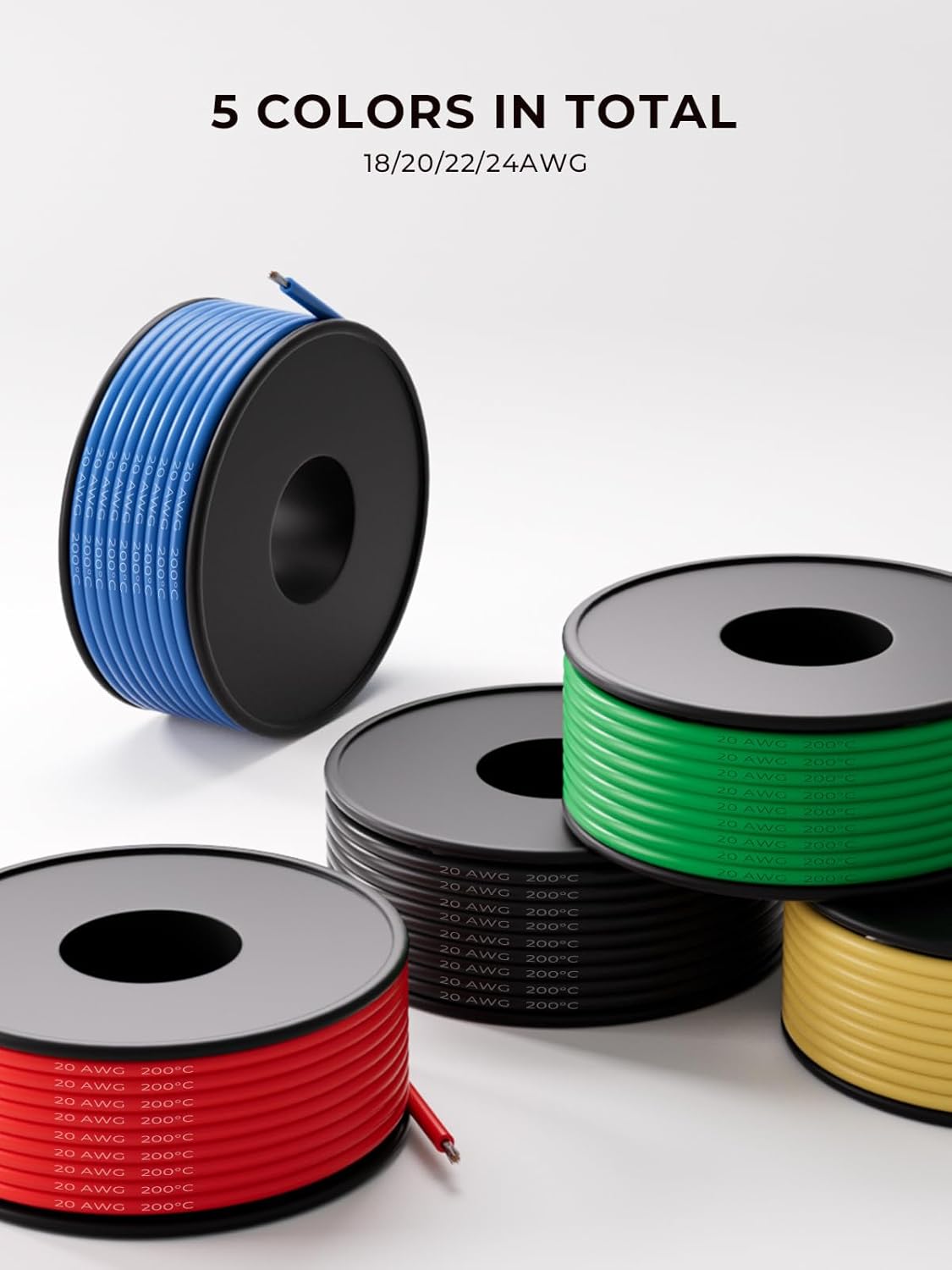 20 AWG Silicone Wire Kit 50FT, 20 Gauge Stranded Tinned Copper Wire Spool, 5 Colors 10FT Each,Flexible Electrical Wire for DIY, Automotive, LED, Arduino, Battery Projects