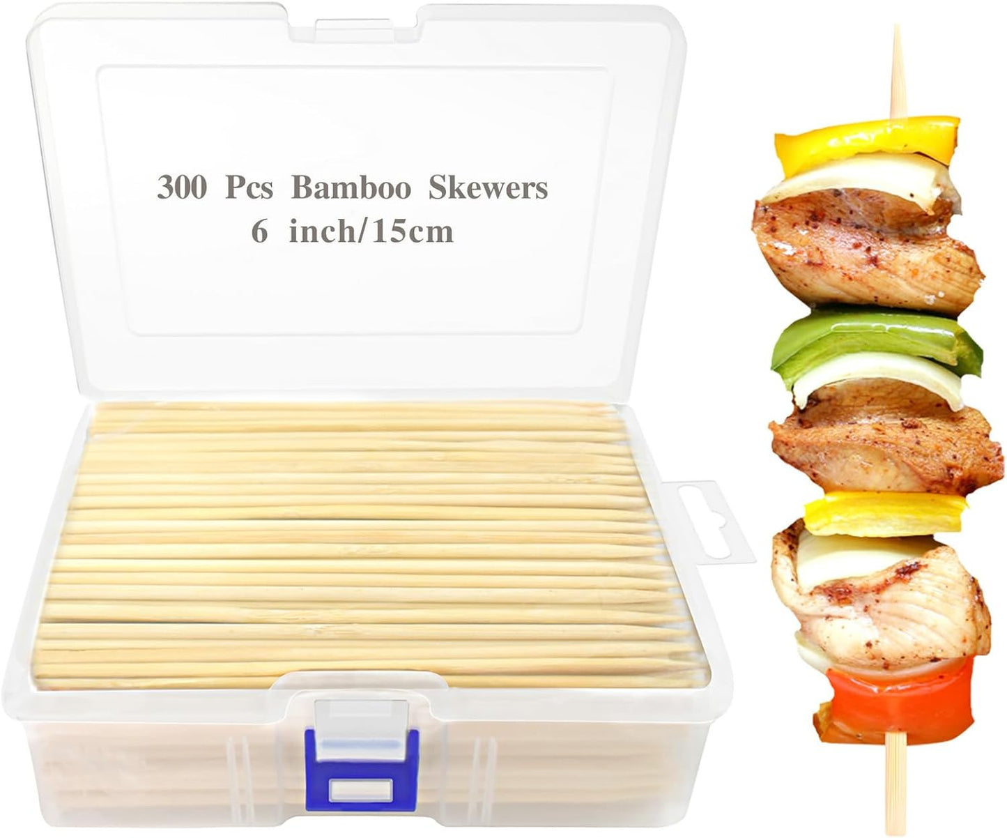 300 Pcs 6 inch Natural Bamboo Skewers, Φ=4mm, PEOUWNES Food Sticks for Appetiser, BBQ, Fruit，Cocktail, Grilling Kebabs, Bouquet, Chocolate Fountain, Corn Dog, Kitchen, Barbecue, Crafting and Party