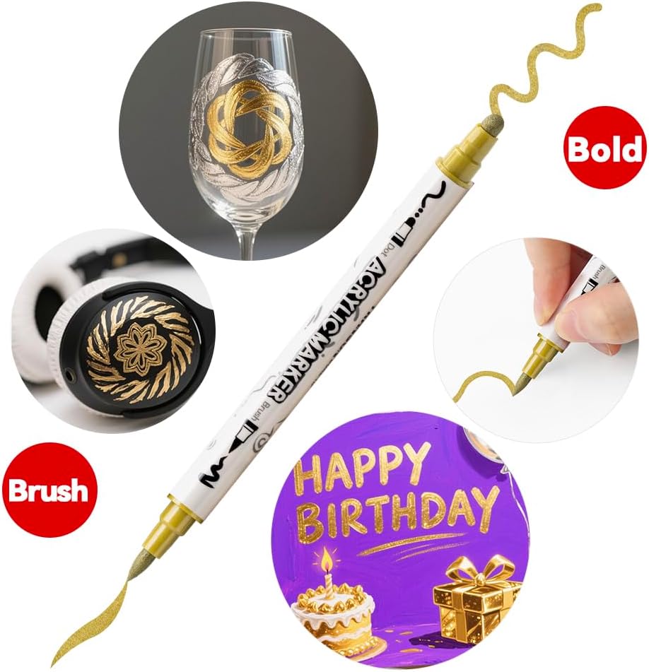 TRANSON 3 Gold, 3 Silver, 1 Black and 1 White Paint Markers Brush and Bold Dual-tip Acrylic Paint Marker Set for Rock Painting Glass Canvas Wood Leather Ceramic Painting