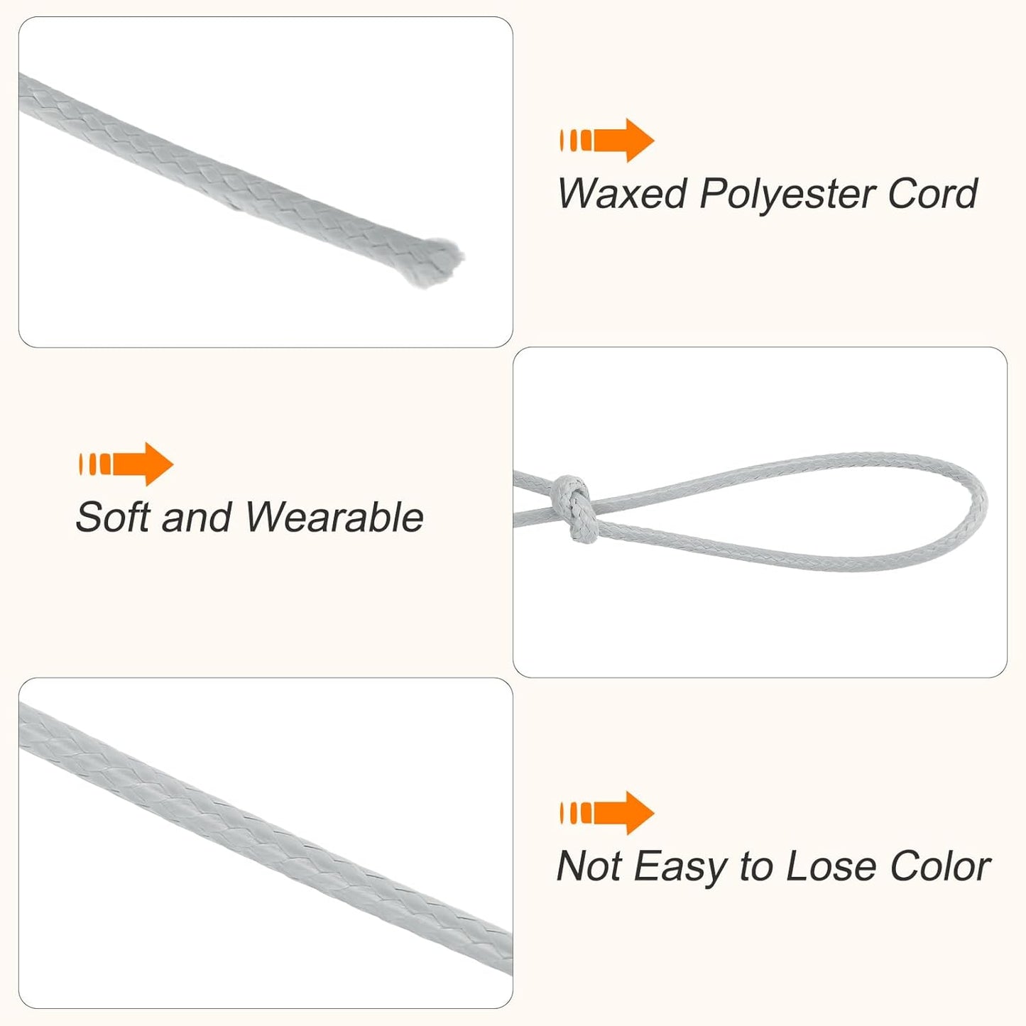 MECCANIXITY Waxed Cord 2mm Waxed Polyester Cord 98 Yard Wax String for Bracelet Making, Necklaces, Beading, Jewelry Making and DIY Crafts(Light Grey)