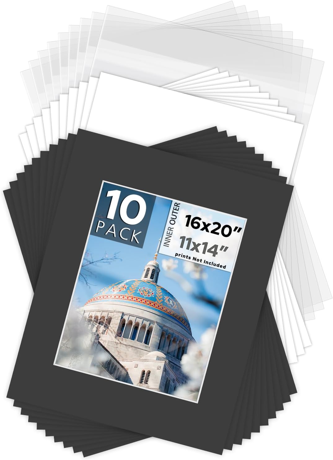 Mat Board Center, Pack of 10, 16x20 for 11x14 Black Picture Mat Sets - Acid Free, 4-ply Thickness, Bevel Pre-Cut White Core - Includes Backing Boards and Clear Bags - for Pictures, Photos, Framing