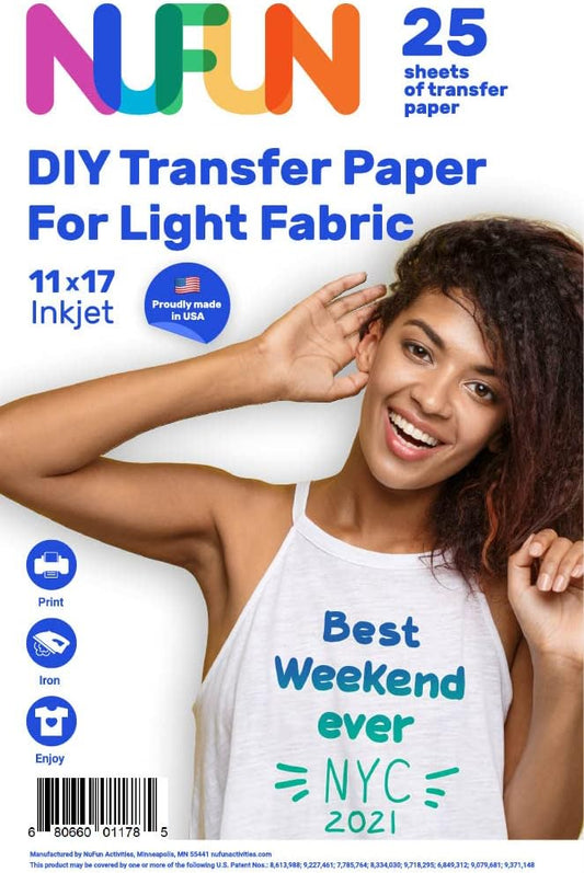 NuFun Activities Inkjet Printable Iron-On Heat TShirt Transfer Paper 11x17 (25, Light Fabrics)