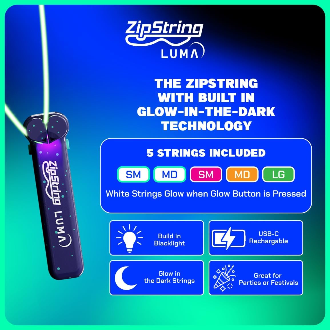 ZipString Luma - The Patented Glow-in-The-Dark Toy That Flies a Loop of String, Creates Endless Shapes and Tricks Built-in LED for Glowing Fun. Perfect STEM Gift for Kids & Adults. Wonderment Awaits