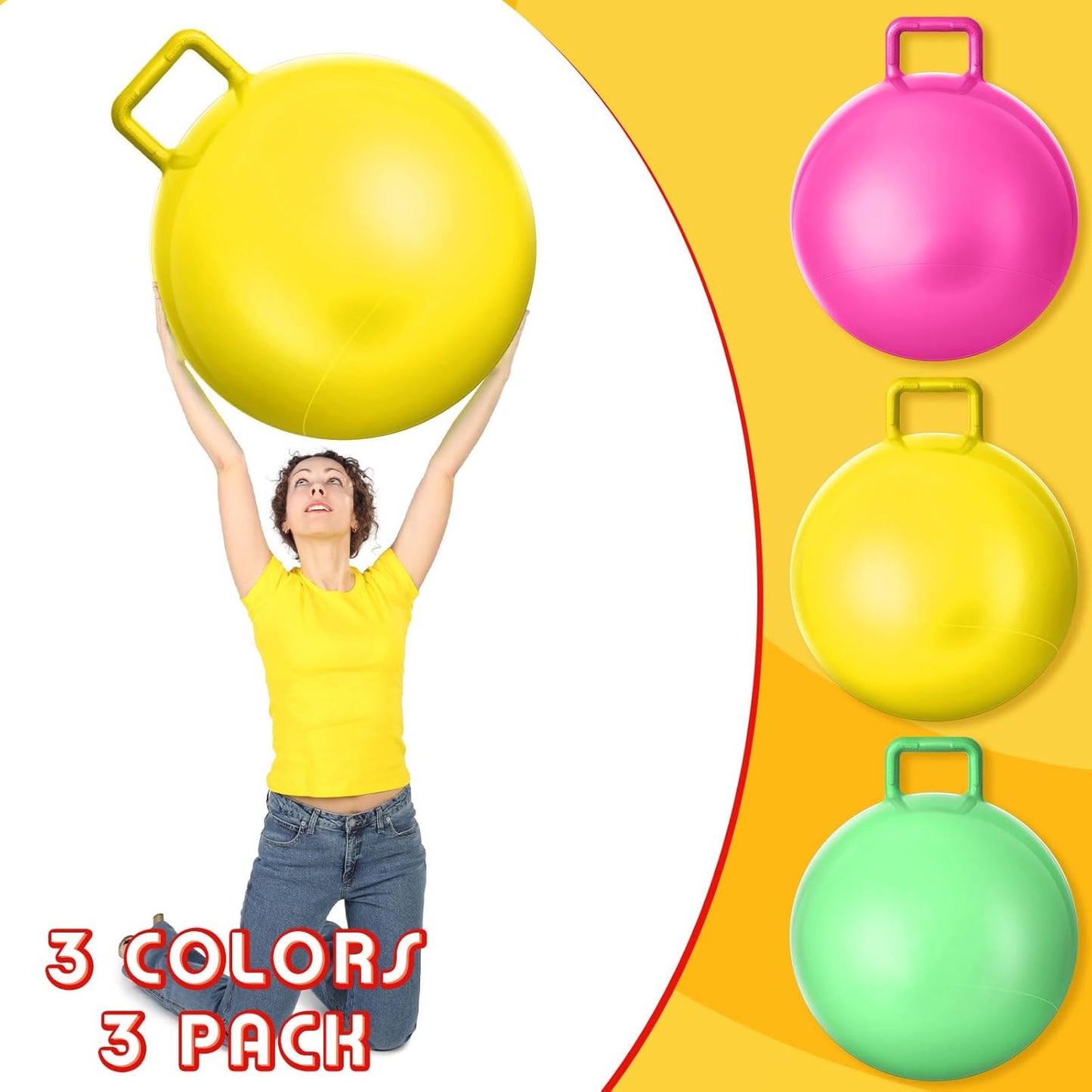 Lewtemi 3 Pcs 29 Inch Bouncing Ball with Handle, Outdoors Hopper Jumping Hopping Ball and Air Pump for Sports Exercise (Yellow, Light Green, Pink)