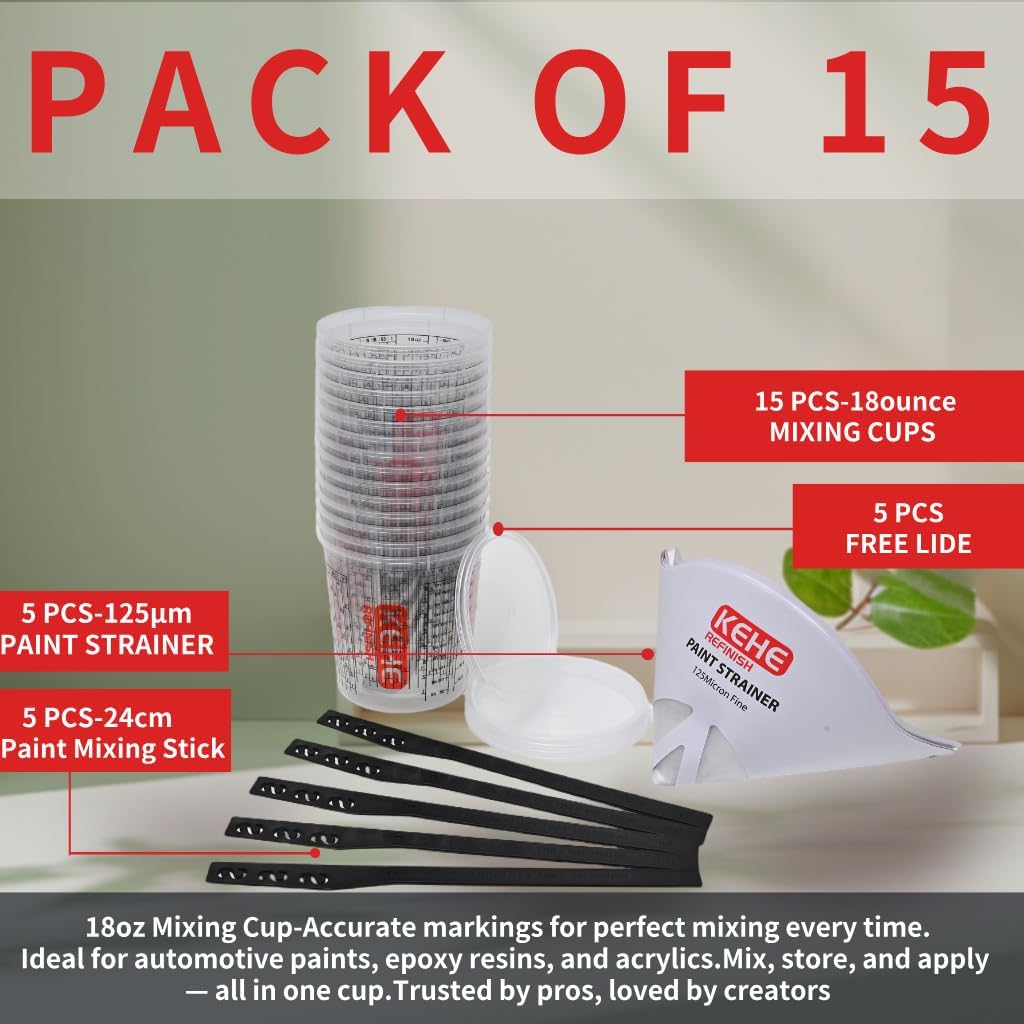 15 PACK Paint Mixing Cups by KEHE REFINISH,18 oz (550ml),Disposable or Reusable Plastic Measuring Cups with Lids for Liquids, Paints, Resin, Epoxy, Art,Ratios 1:1,2:1, 3:1, 4:1,5:1,6:1,7:1,8:1